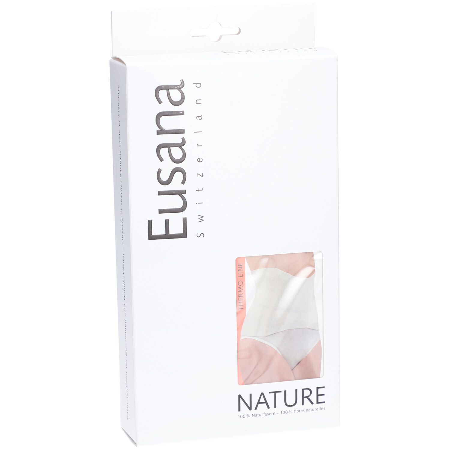 Emballage blanc avec fenêtre. Logo Eusana. Illustration du produit. Texte : NATURE.