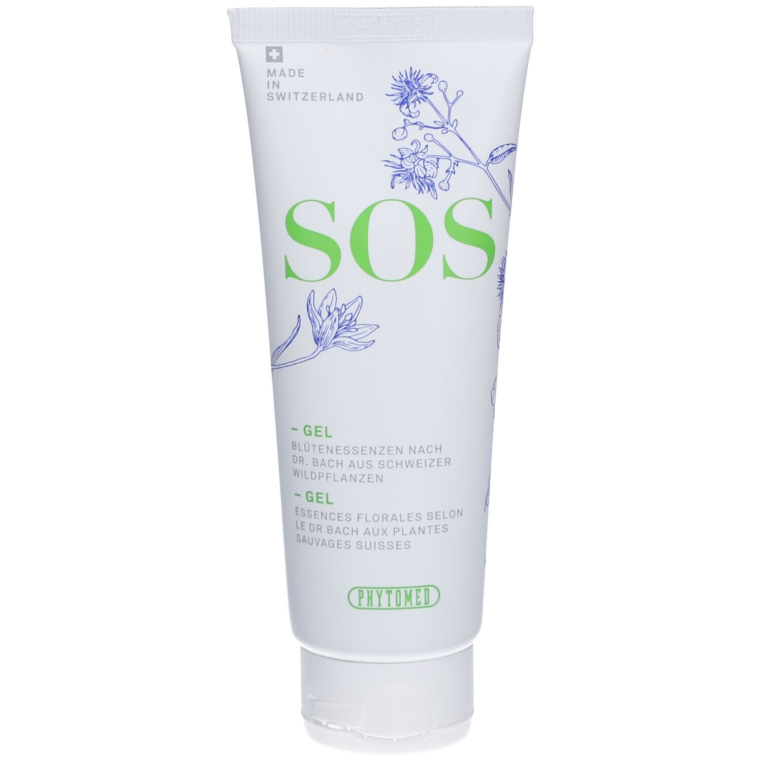 Tube blanc avec "SOS" vert et illustrations florales. Texte: -Gel, Essences florales selon Dr. Bach. Logo Phytomed.