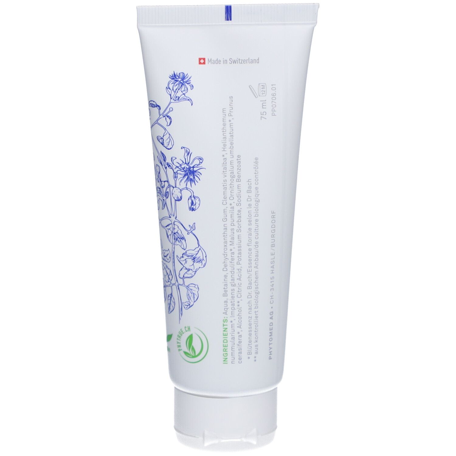 Dos du tube blanc. Texte: Ingrédients, 75 ml, logo Phytomed, Fabriqué en Suisse. Illustrations florales.