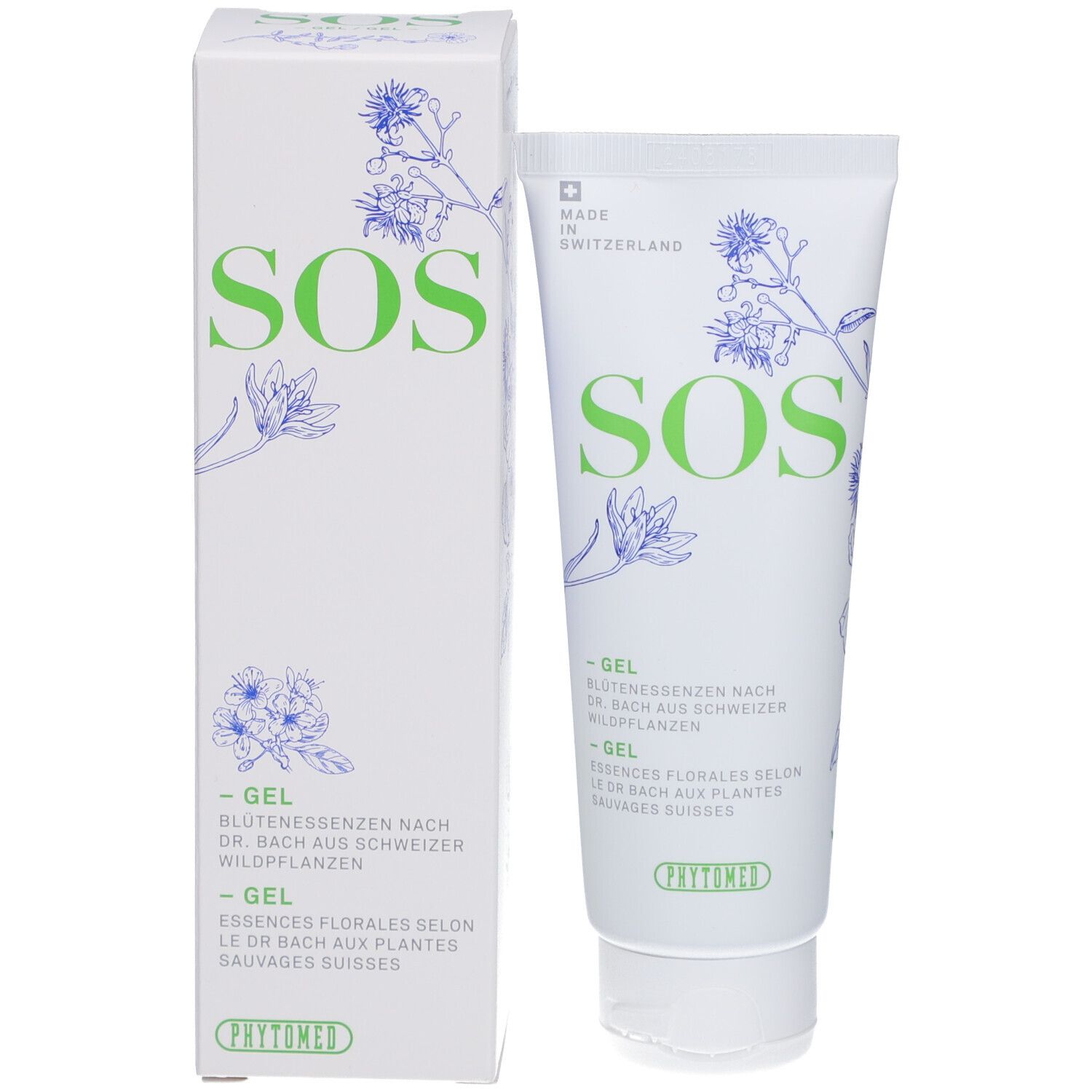 Emballage du produit: tube et boîte. Boîte avec texte "SOS", illustrations florales et texte. Logo Phytomed.