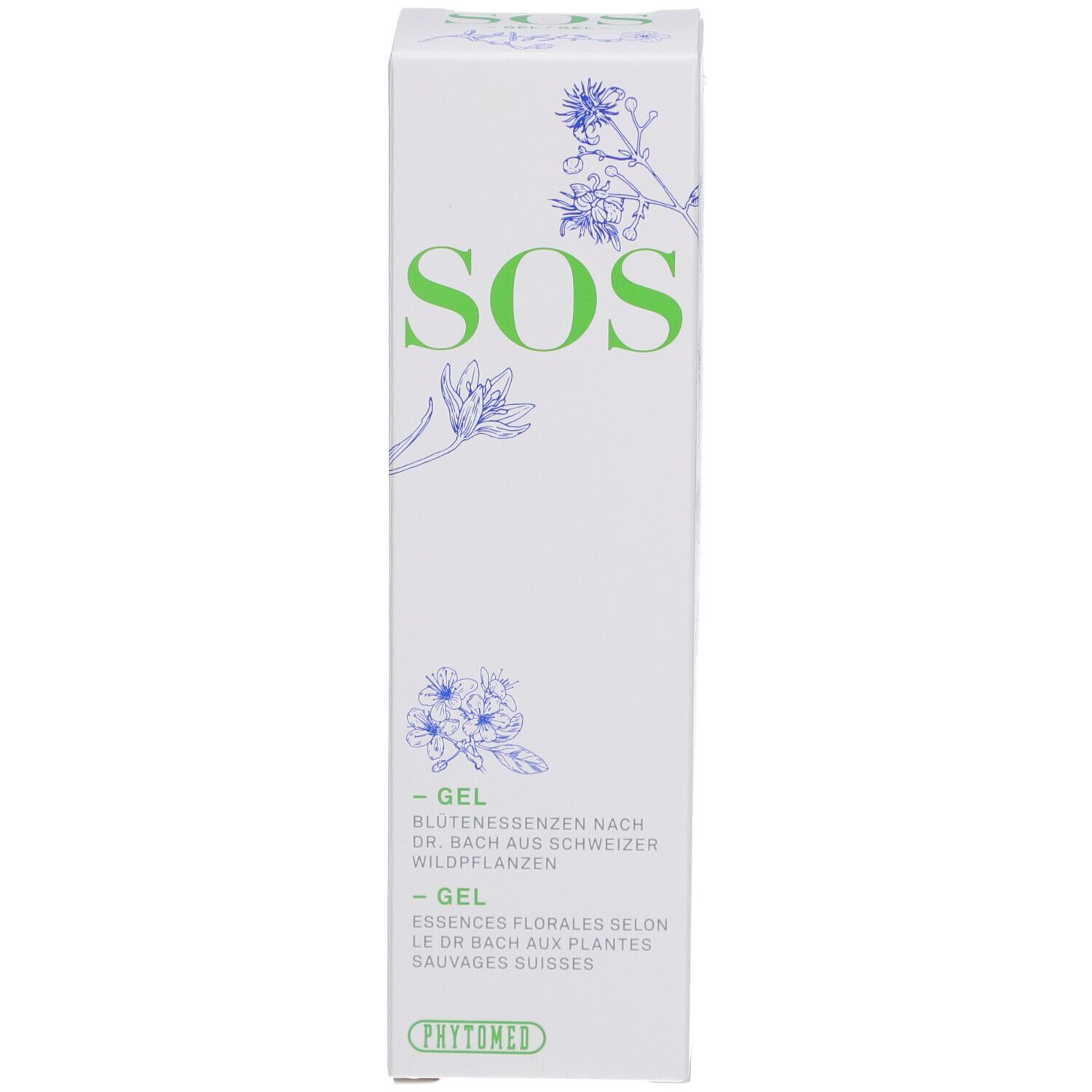Boîte avec texte "SOS", illustrations florales et texte. Texte: -Gel, Essences florales selon Dr. Bach. Logo Phytomed.