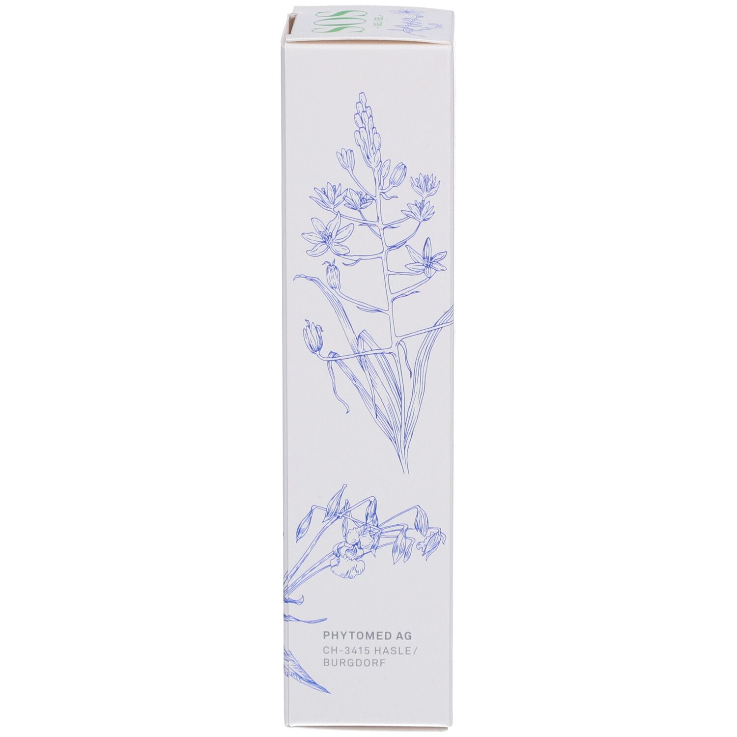 Vue latérale de la boîte. Illustrations florales et texte: Phytomed AG, CH-3475. Logo.
