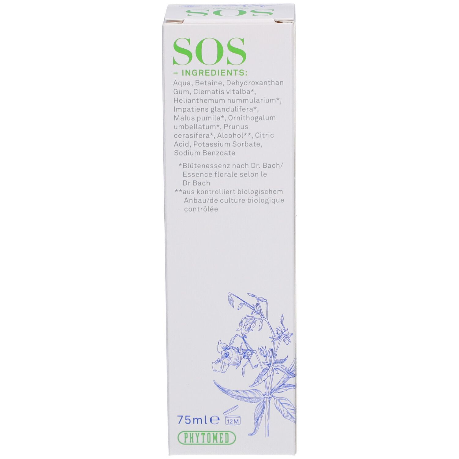 Vue latérale de la boîte. Texte: Ingrédients, 75ml, Essences florales selon Dr. Bach. Logo Phytomed. Contrôle biologique.