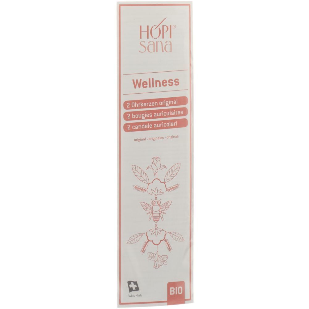 Emballage HOPISANA Wellness. Contient 2 bougies auriculaires. Texte en plusieurs langues. Logo Bio en bas à droite.