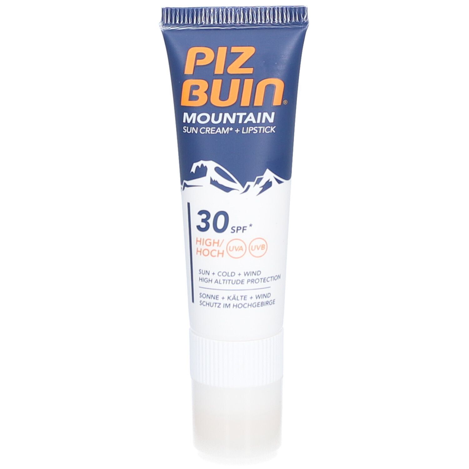 Piz Buin Mountain crème solaire + rouge à lèvres SPF 30. Tube bleu, corps blanc. Motif montagne.