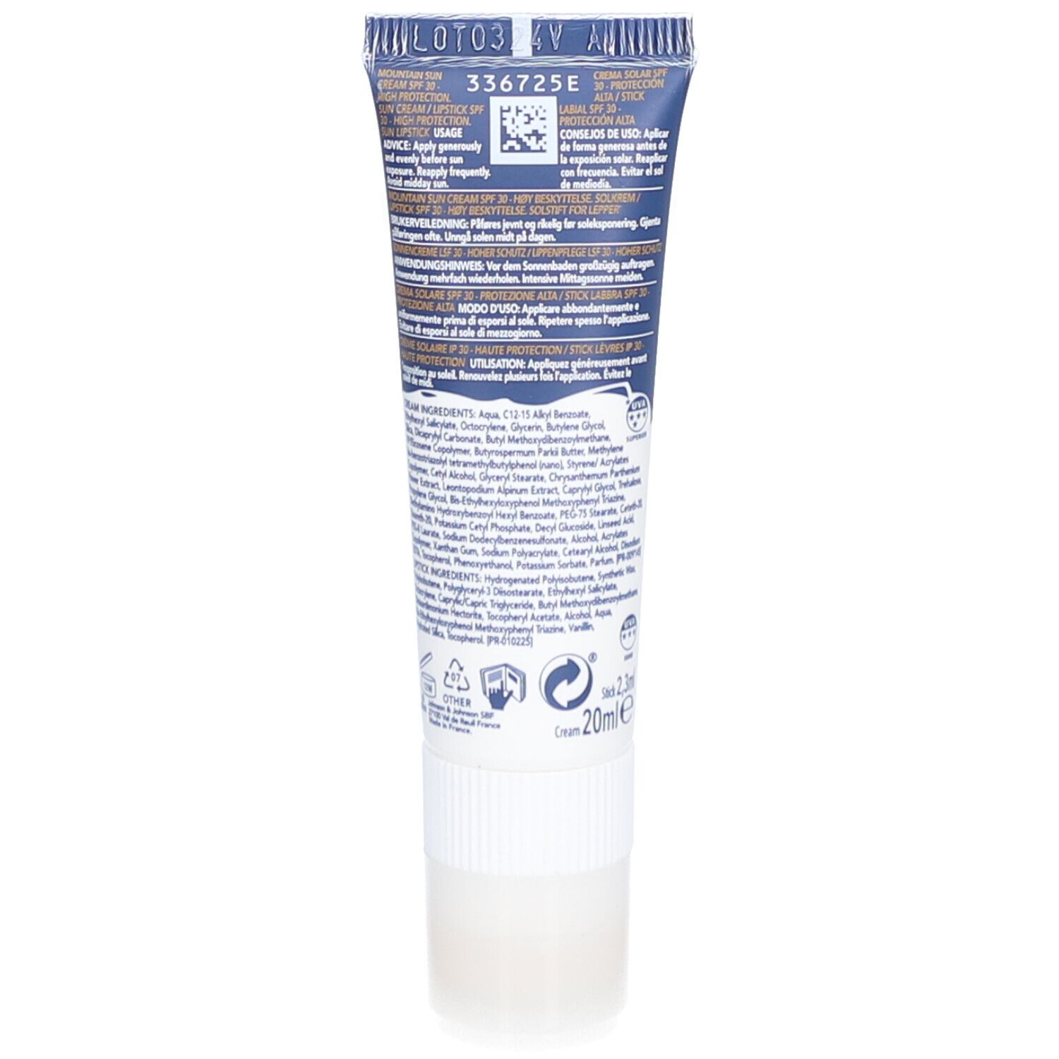 Dos du tube de crème solaire Piz Buin Mountain. Contient texte, ingrédients, numéro de lot et logos.