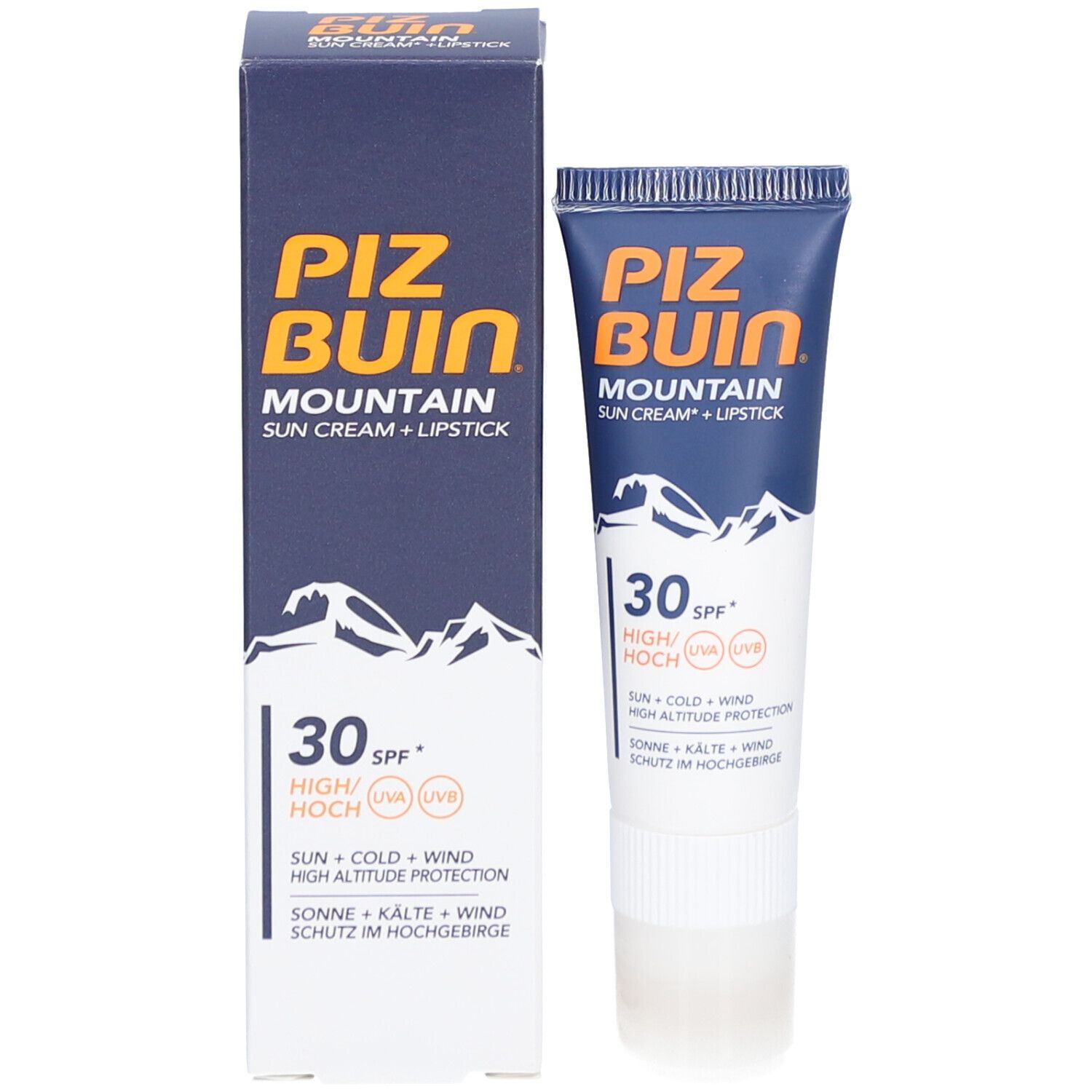 Piz Buin Mountain crème solaire + rouge à lèvres SPF 30. Tube et emballage. Bleu, blanc, motif montagne.
