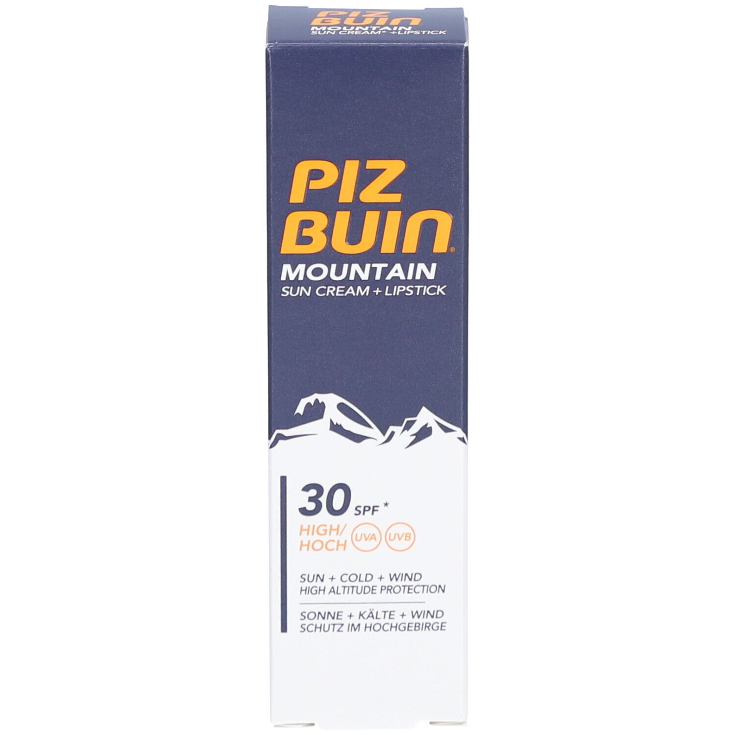 Emballage de la crème solaire Piz Buin Mountain + rouge à lèvres SPF 30. Bleu, blanc, motif montagne, texte.