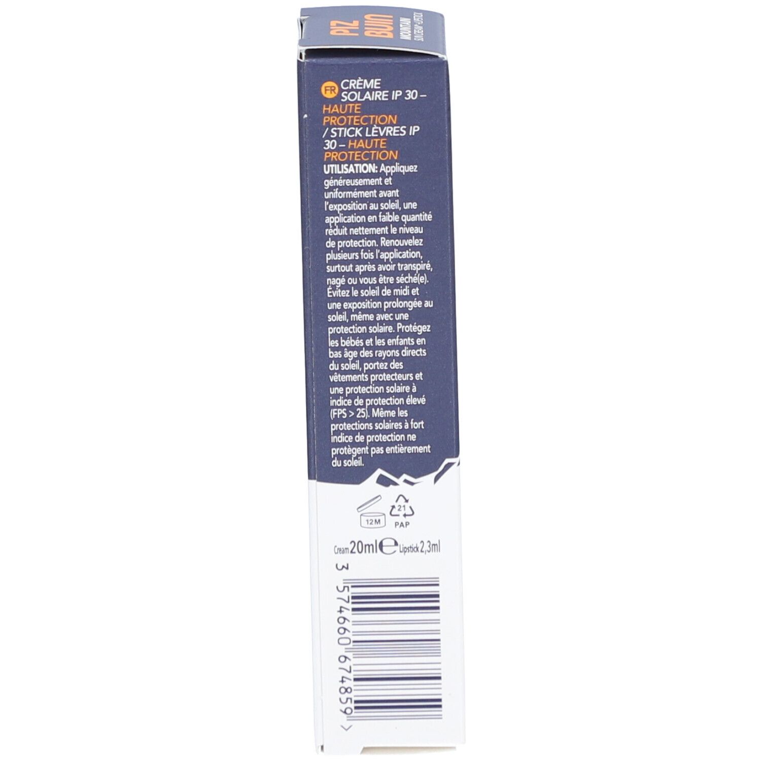 Dos de l'emballage de la crème solaire Piz Buin Mountain. Texte, ingrédients, logos, 20ml.