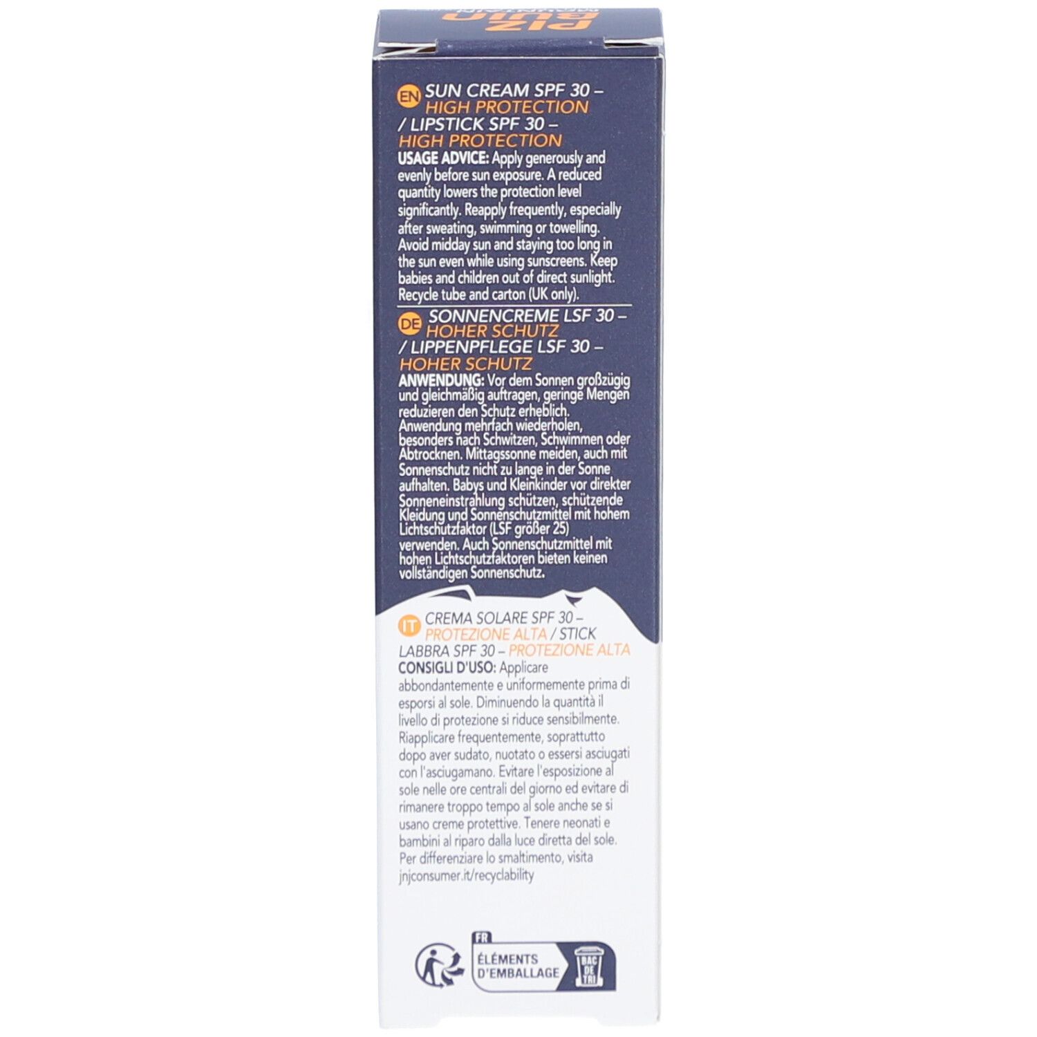 Emballage de la crème solaire Piz Buin Mountain. Texte, ingrédients, logos, 20ml, SPF 30.
