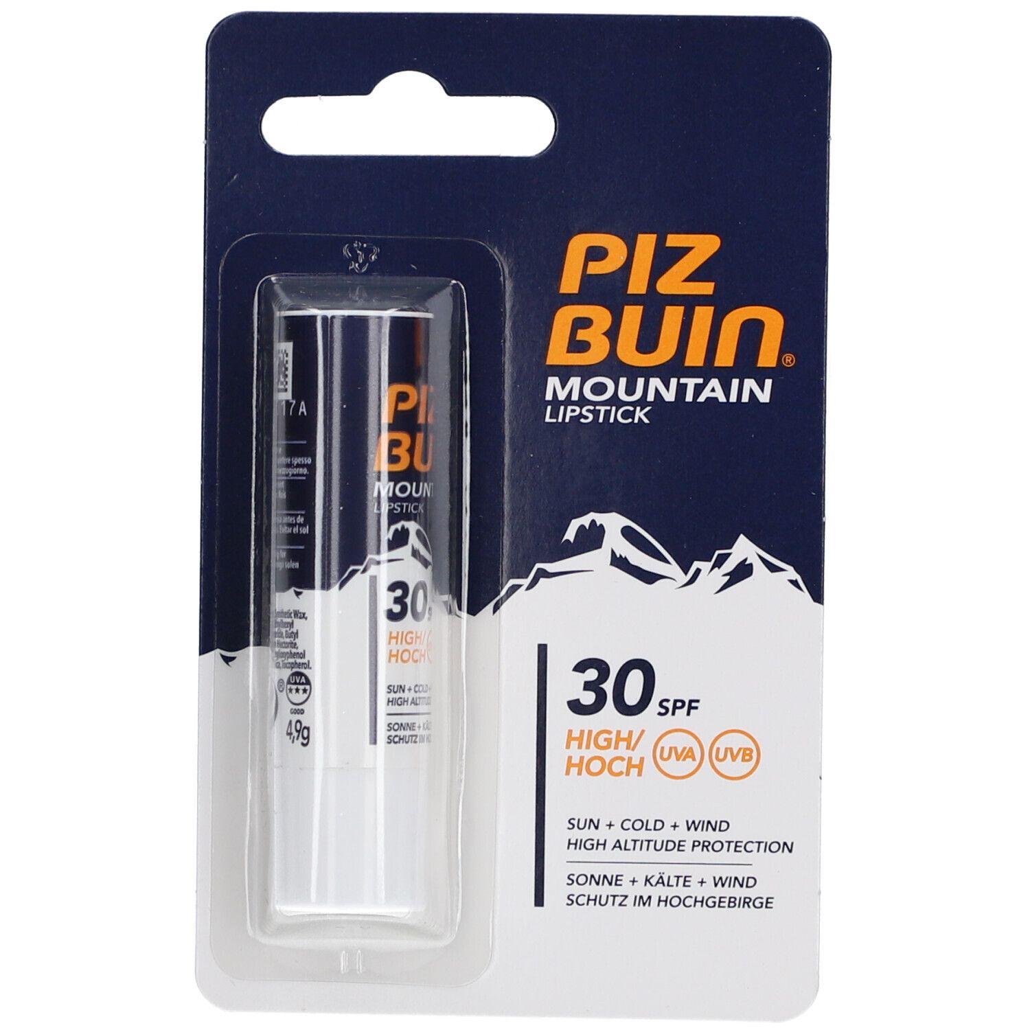 PIZ BUIN Mountain rouge à lèvres. Emballage noir avec image du produit. 30 SPF, haute protection solaire, froid et vent. 4,9g.