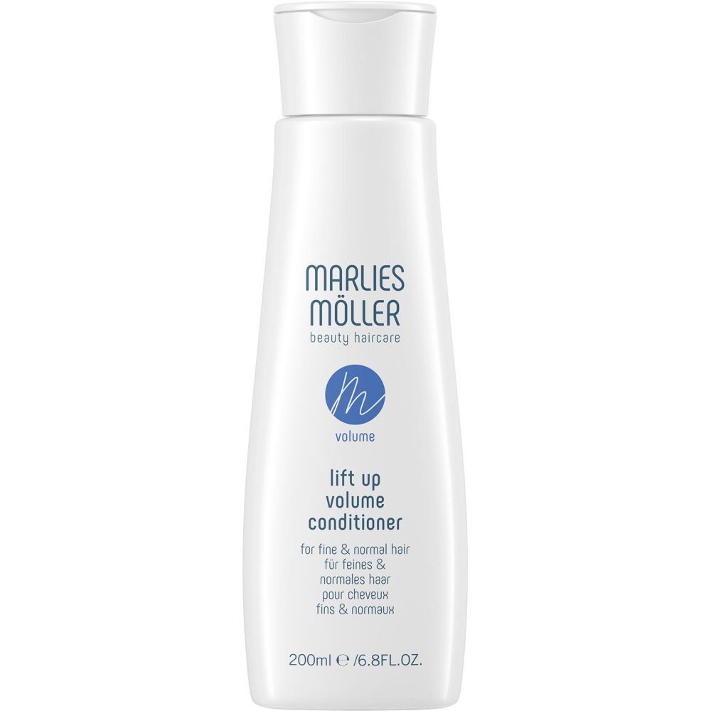 Bouteille blanche Marlies Möller Volume Conditioner. Écriture bleue. 200ml. Pour cheveux fins et normaux.
