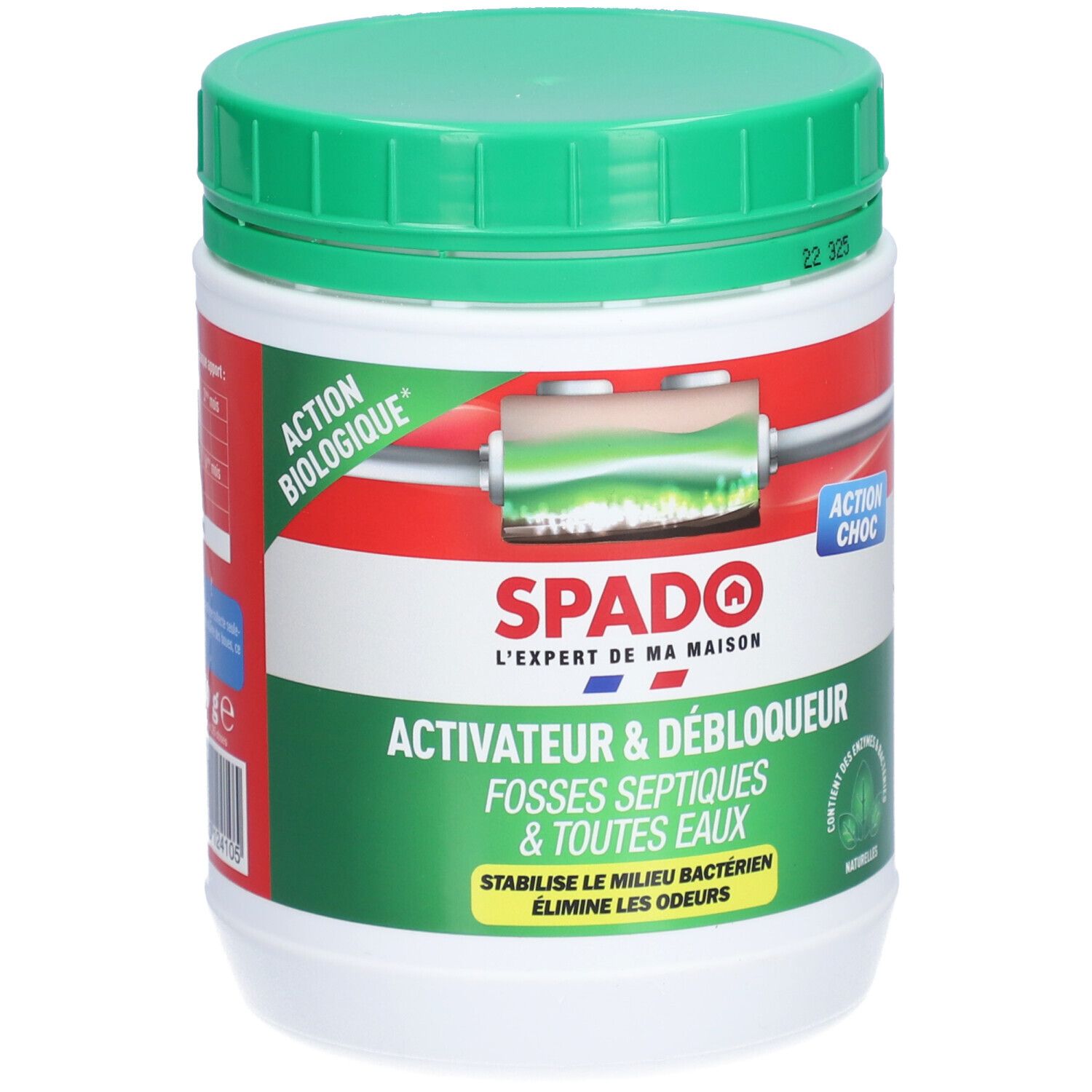 Pot vert et blanc. Inscription SPADO, Activateur & Débloqueur. Pour fosses septiques & toutes eaux. Éléments rouges et verts.