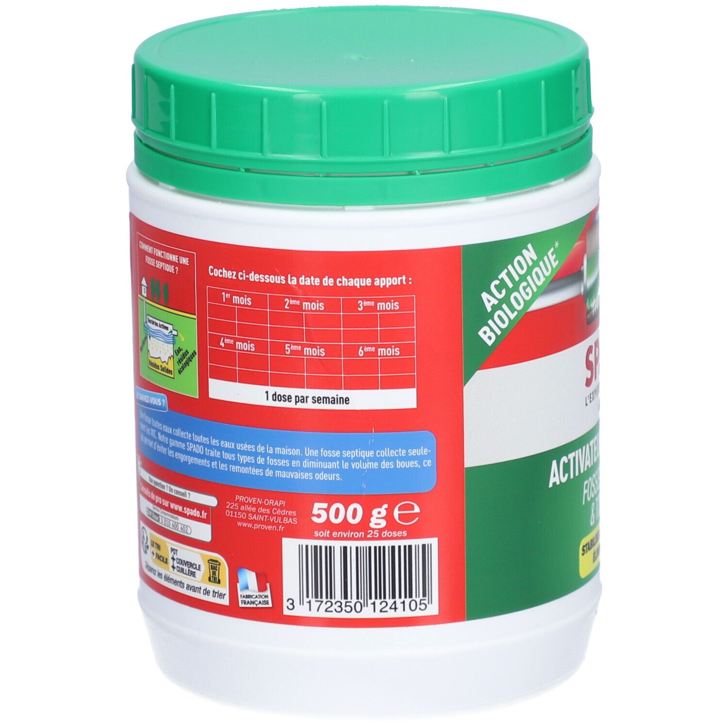 Dos du pot. Contient des informations sur l'utilisation et le dosage. Code-barres et indication de contenu: 500 g.
