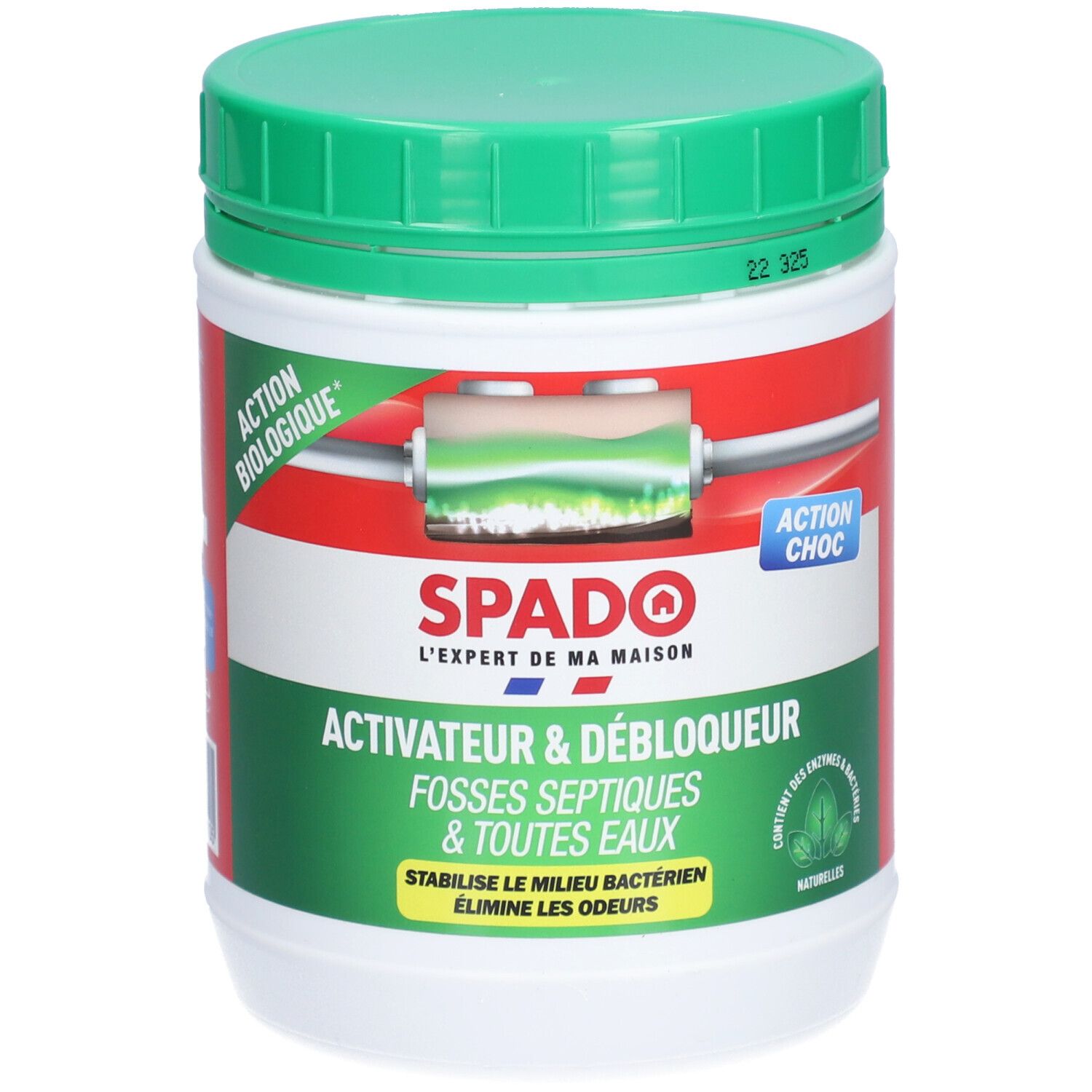 Pot vert et blanc. Inscription SPADO, Activateur & Débloqueur. Pour fosses septiques & toutes eaux. Éléments rouges et verts.