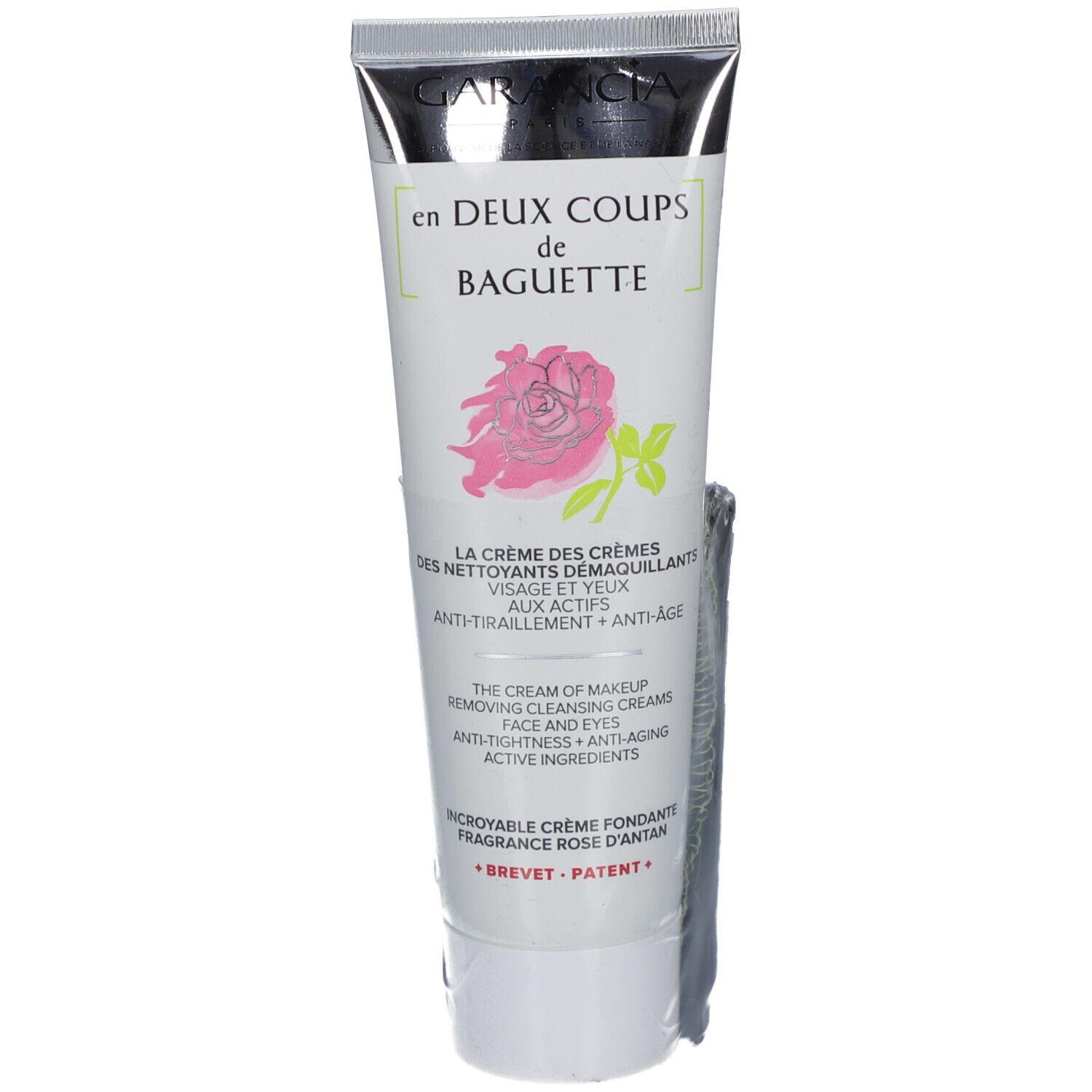Tube GARANCIA, texte « en Deux Coups de Baguette ». Crème démaquillante visage et yeux. Rose dessinée.
