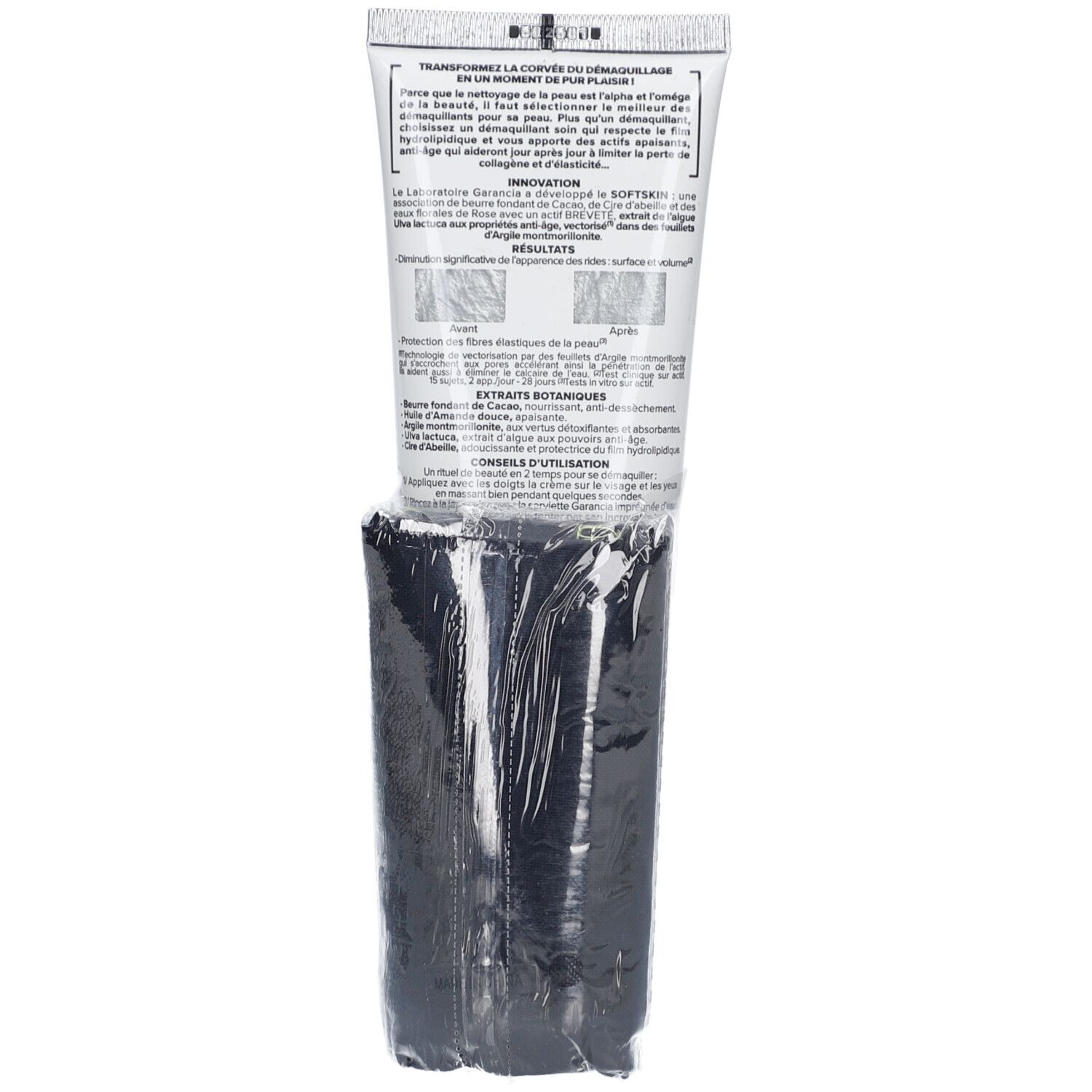 Dos du tube. Texte et ingrédients. Emballage plastique.