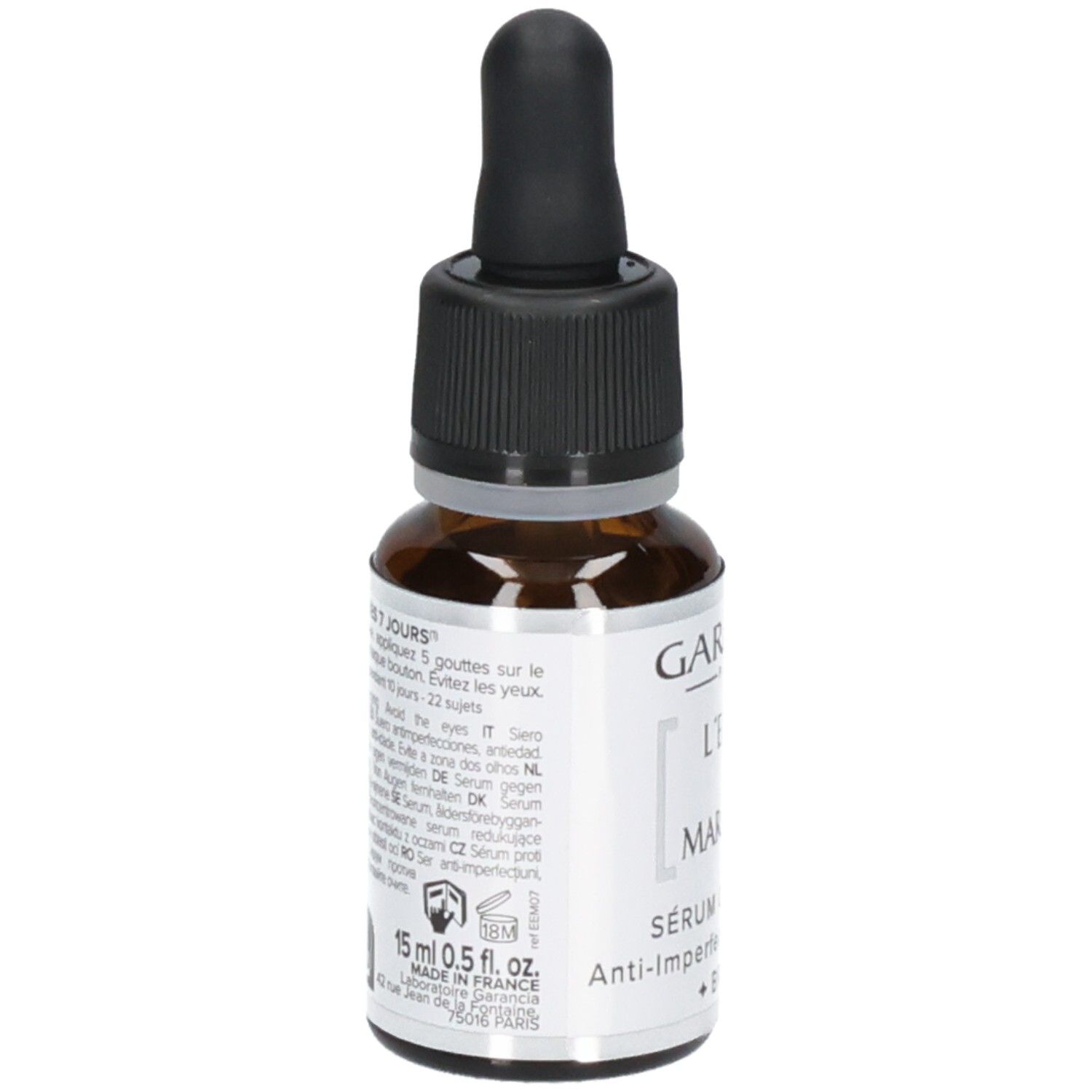 Sérum Garancia L'elixir Du Marabout : arrière du flacon avec instructions d'utilisation et informations produit multilingues.