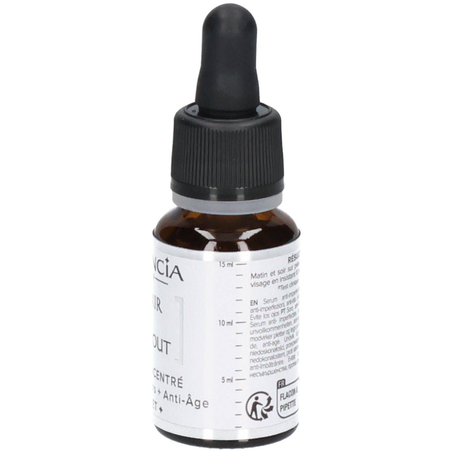 Sérum Garancia L'elixir Du Marabout : flacon avec pipette et échelle latérale pour mesurer le contenu.