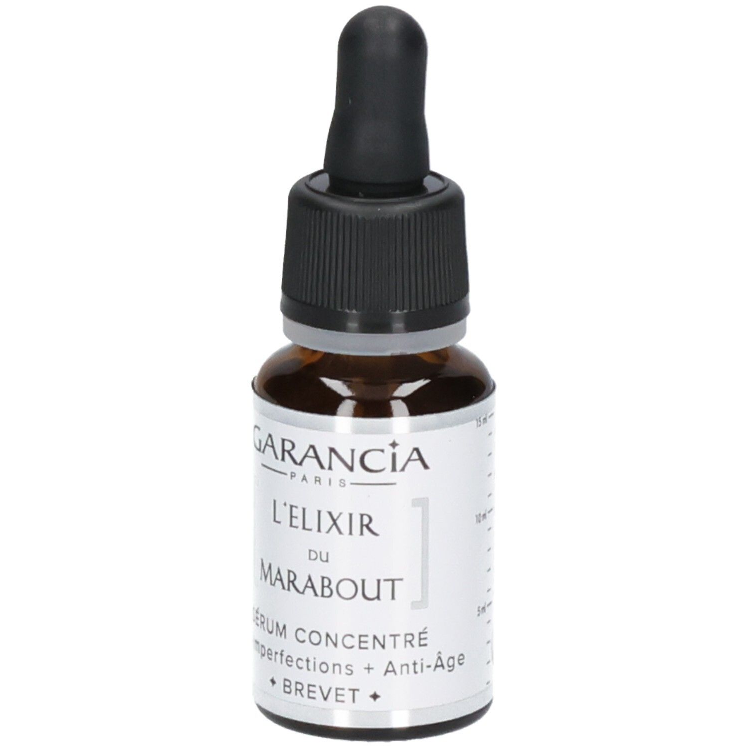 Sérum Garancia L'elixir Du Marabout : flacon en verre brun avec compte-gouttes. Étiquette avec nom du produit et 'Sérum Concentré Anti-Imperfections + Anti-Age'.