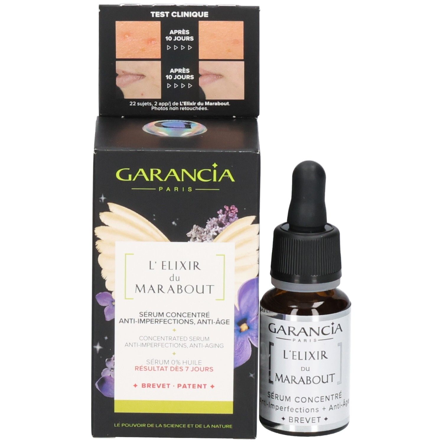 Sérum Garancia L'elixir Du Marabout et son emballage : flacon à côté de la boîte ouverte montrant des résultats de tests cliniques et des informations produit.