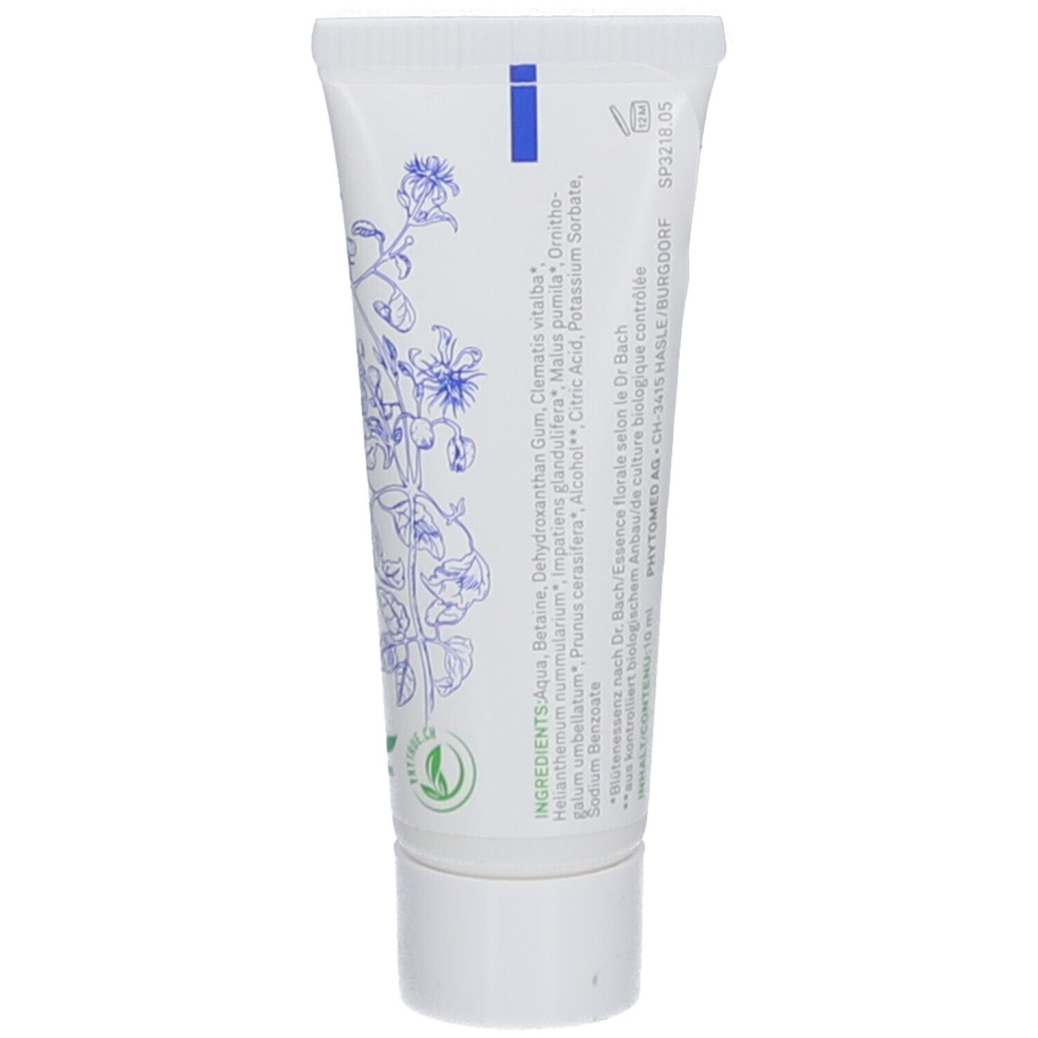 Arrière d'un tube blanc avec liste détaillée des ingrédients et illustrations florales. Contient 'SOS - GEL'.