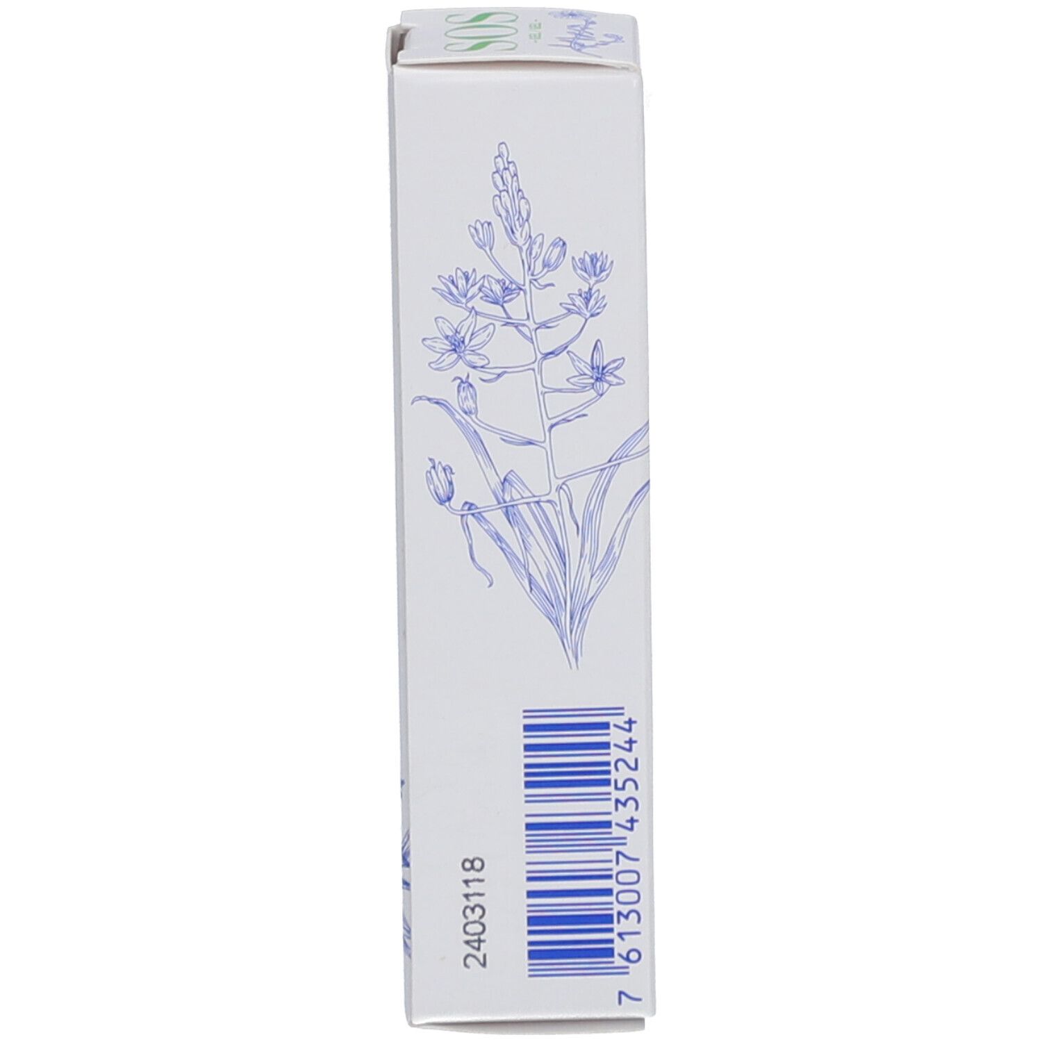 Vue latérale d'une boîte pliante blanche avec illustrations florales et code-barres. Contient 'SOS - GEL'.