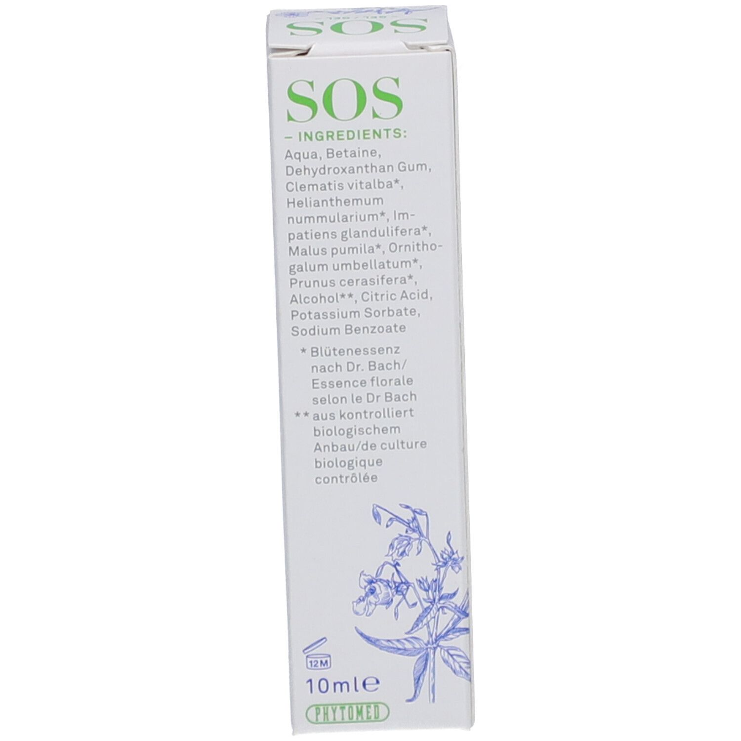 Arrière d'une boîte pliante blanche avec liste des ingrédients, '10ml' et sceaux. Contient 'SOS - GEL'.