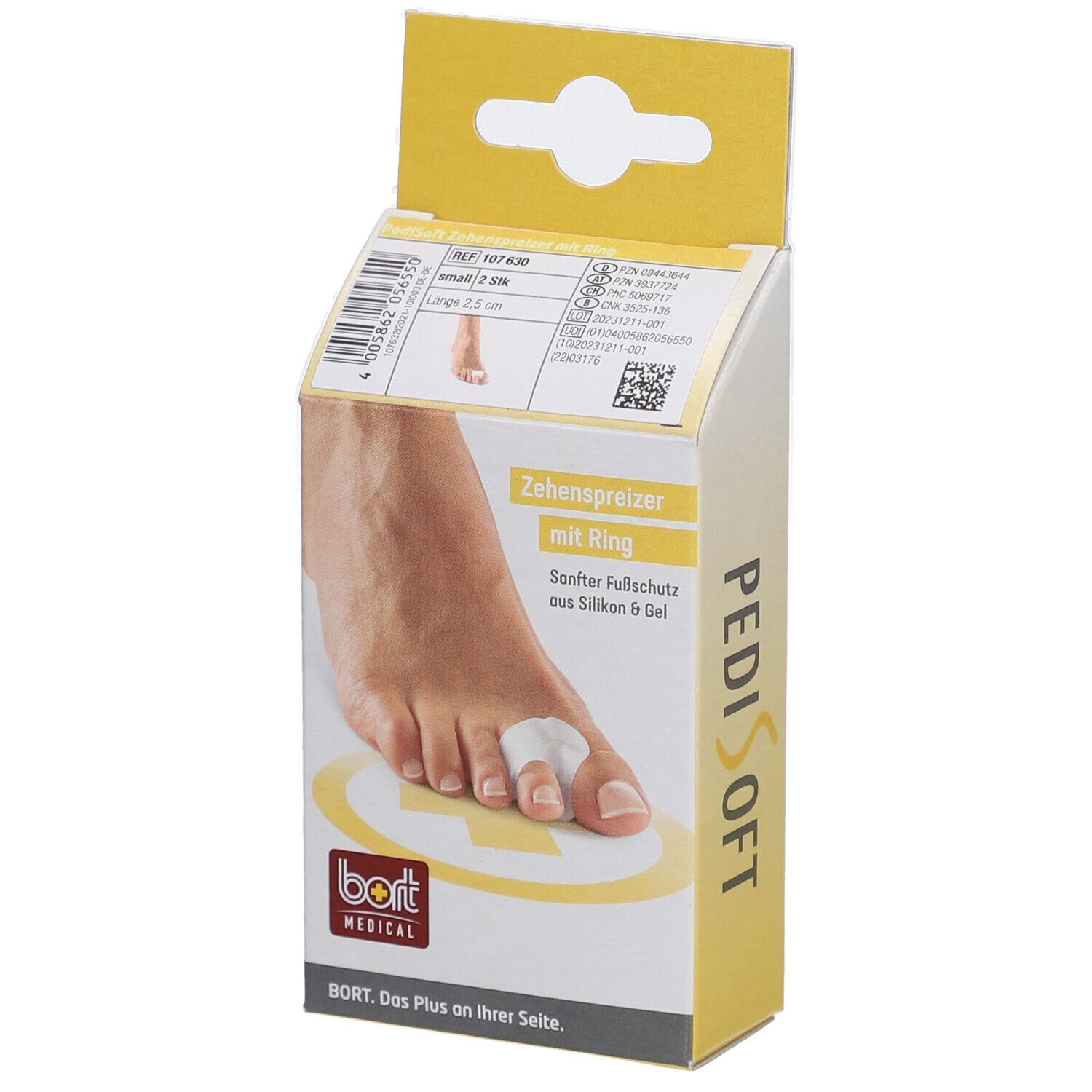 Emballage de séparateur d'orteils avec anneau. Pied avec séparateur sur le gros orteil. Marque BORT MEDICAL, PediSoft.