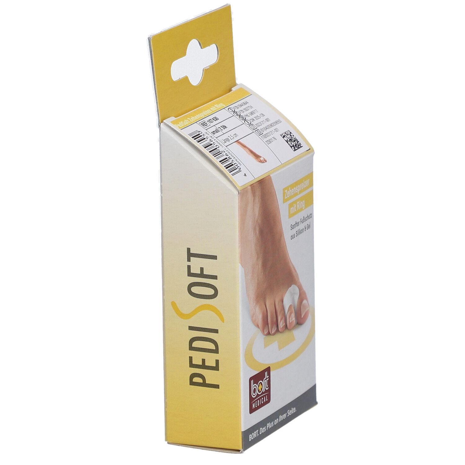 Vue latérale de l'emballage. Séparateur d'orteils avec anneau, PediSoft. Marque BORT MEDICAL. Emballage jaune et blanc.