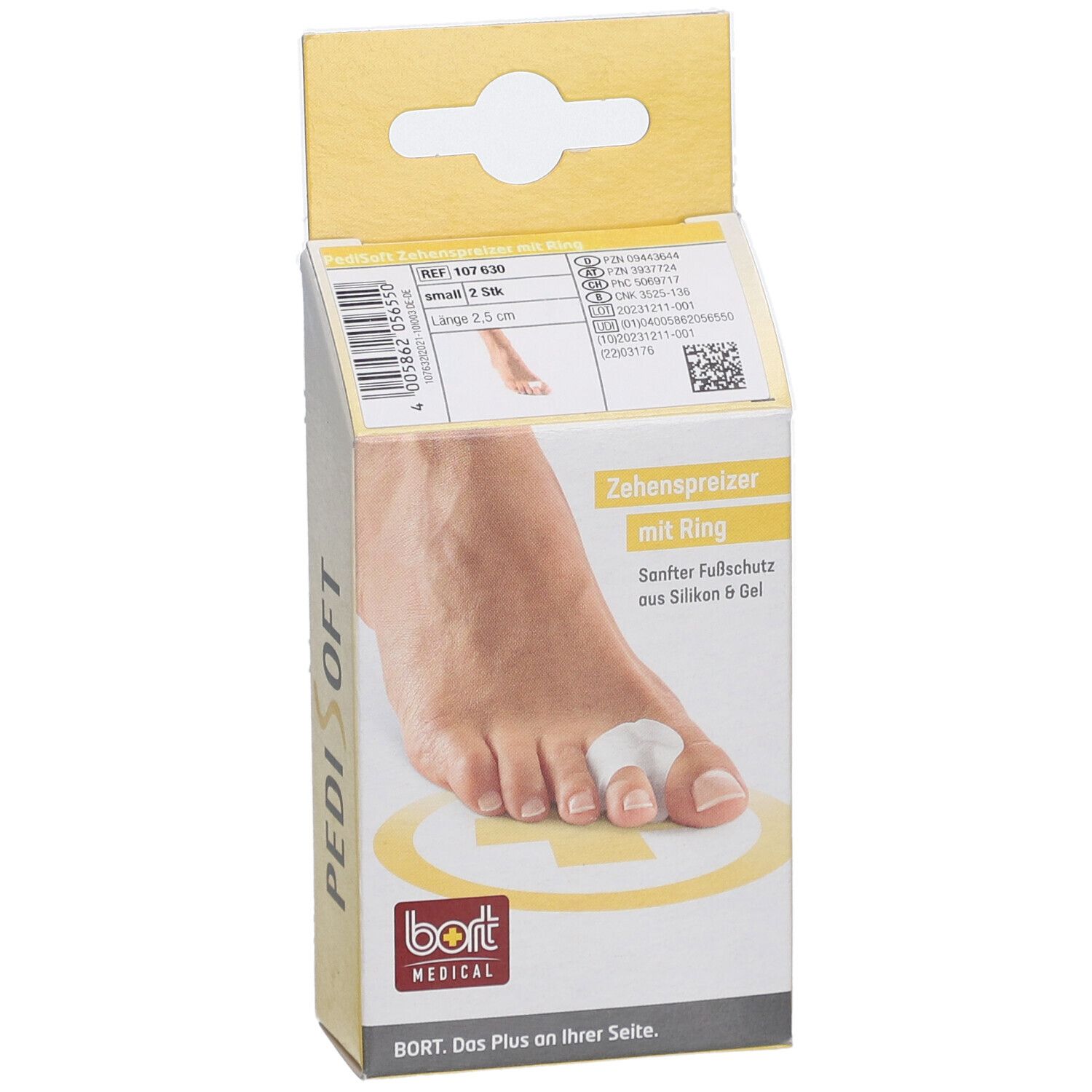 Emballage de séparateur d'orteils avec anneau. Pied avec séparateur sur le gros orteil. Marque BORT MEDICAL, PediSoft.