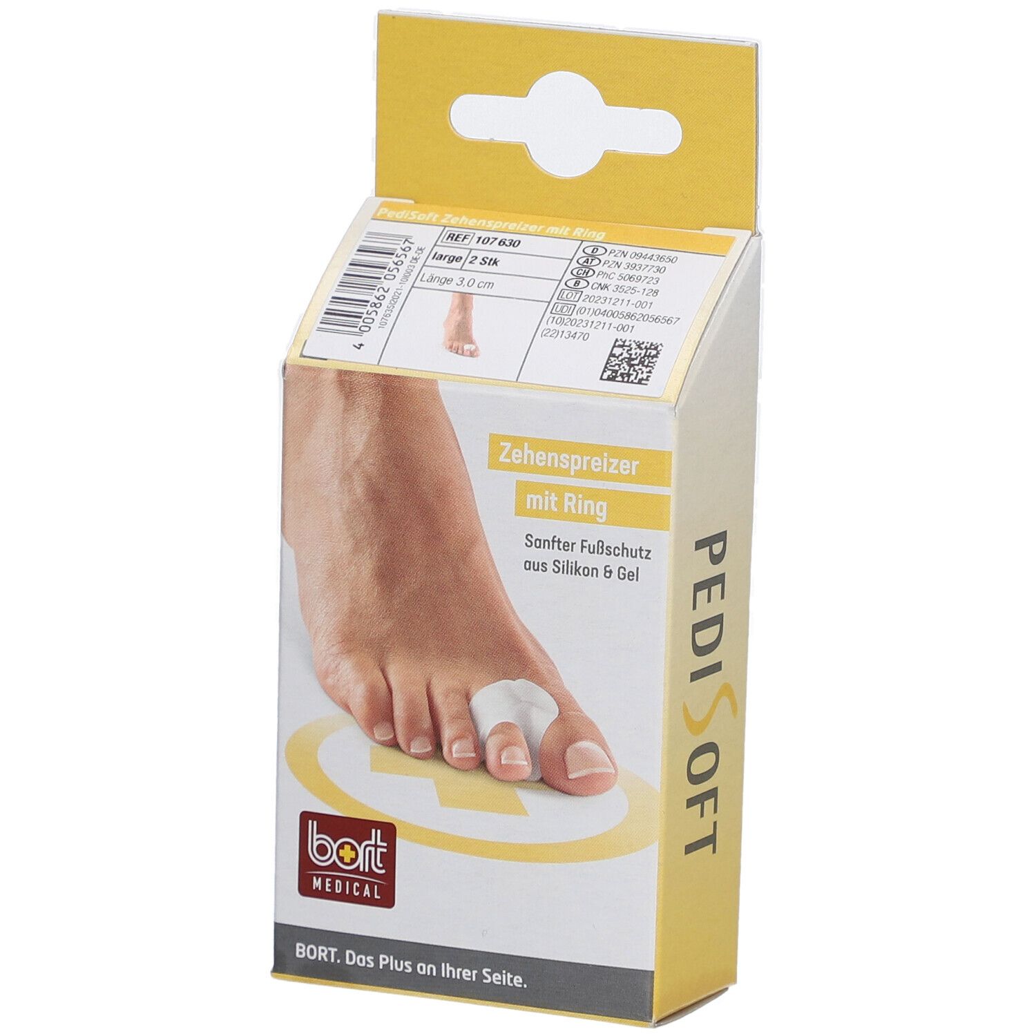 Emballage de séparateur d'orteils avec anneau. Pied illustré. Marque : PediSoft, BORT MEDICAL.
