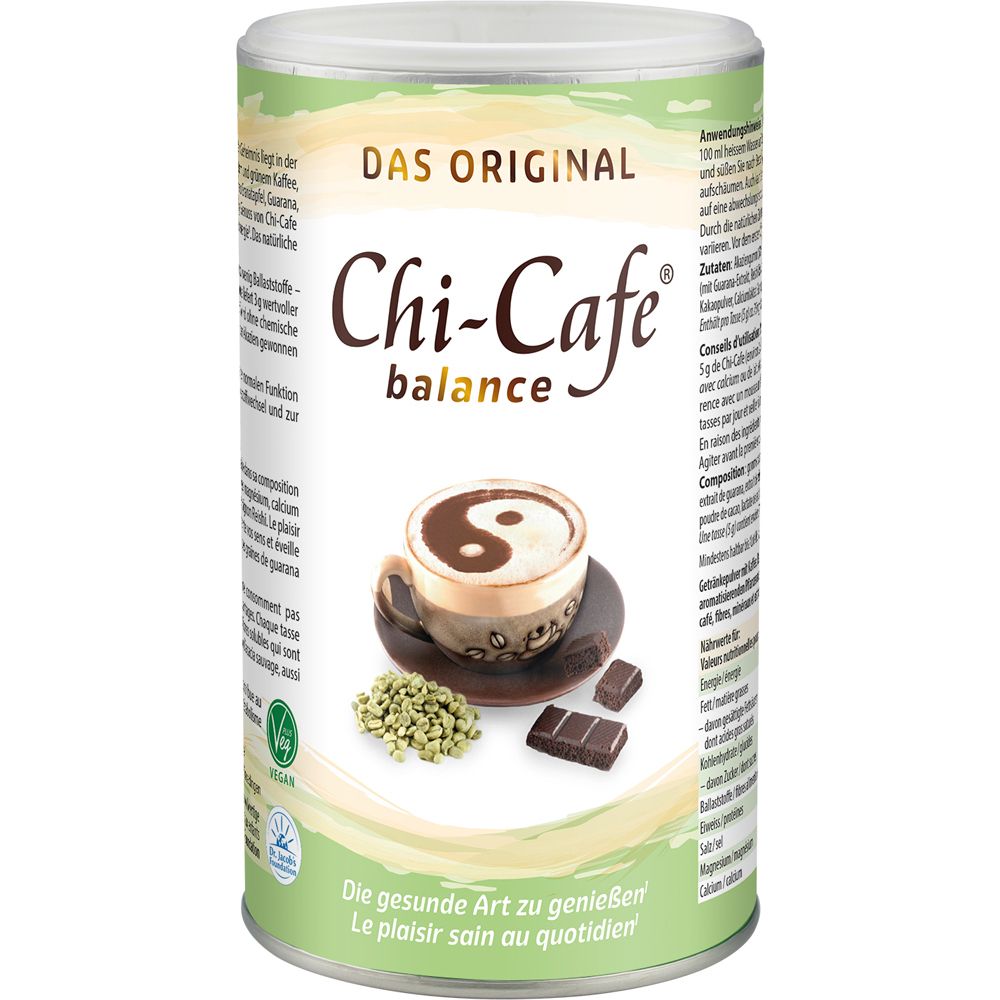 Boîte de Chi-Cafe balance avec motif café Yin-Yang, chocolat et herbes. Végétalien, avec fibres d'acacia.