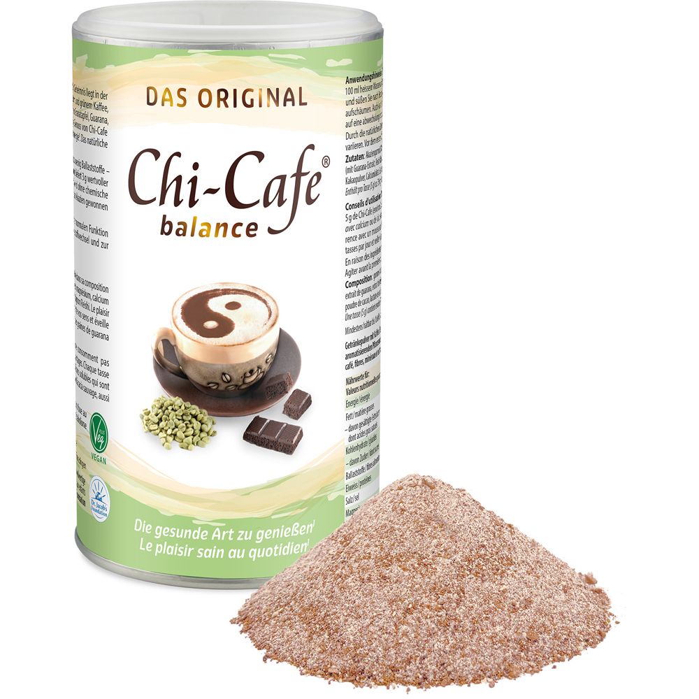 Poudre Chi-Cafe balance à côté de la boîte. Poudre brune. Végétalien, avec fibres d'acacia.
