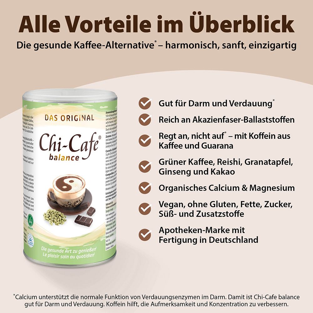 Avantages du produit: Chi-Cafe balance. Bon pour l'intestin, riche en fibres, café vert, etc. Végétalien.
