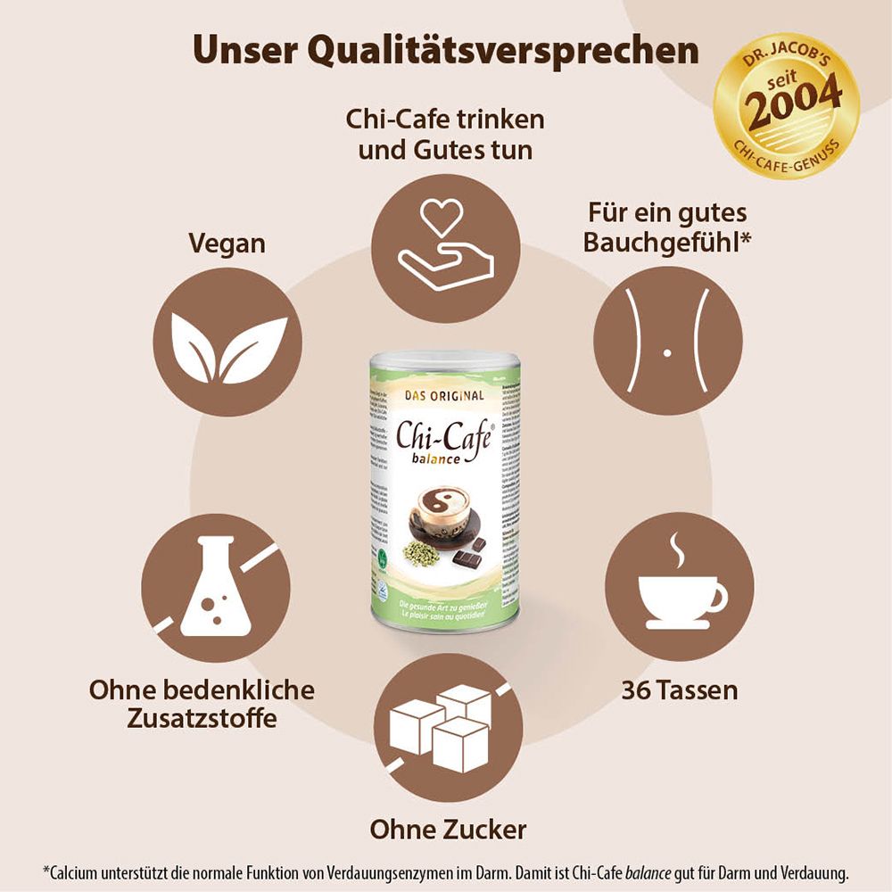 Chi-Cafe balance: Végétalien, sans sucre, sans additifs. Avec le logo Dr. Jacob. 36 tasses.