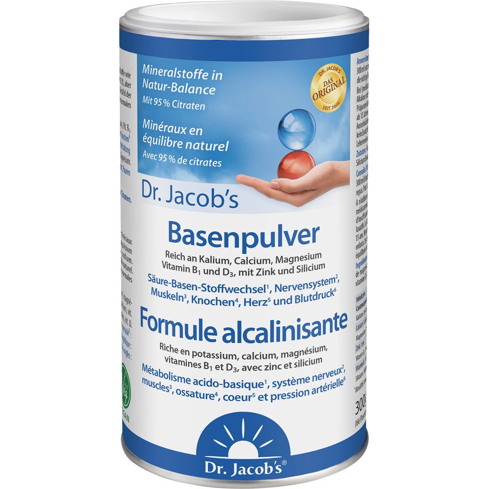 Boîte cylindrique avec étiquette du produit. Texte : Dr. Jacob's Basenpulver. Minéraux en équilibre naturel.