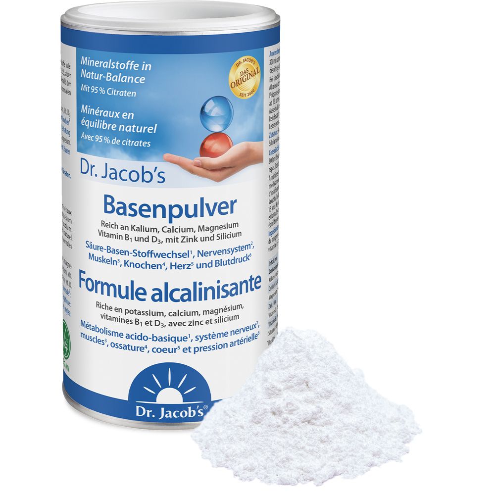 Boîte cylindrique avec étiquette du produit et poudre blanche à côté. Texte : Dr. Jacob's Basenpulver.