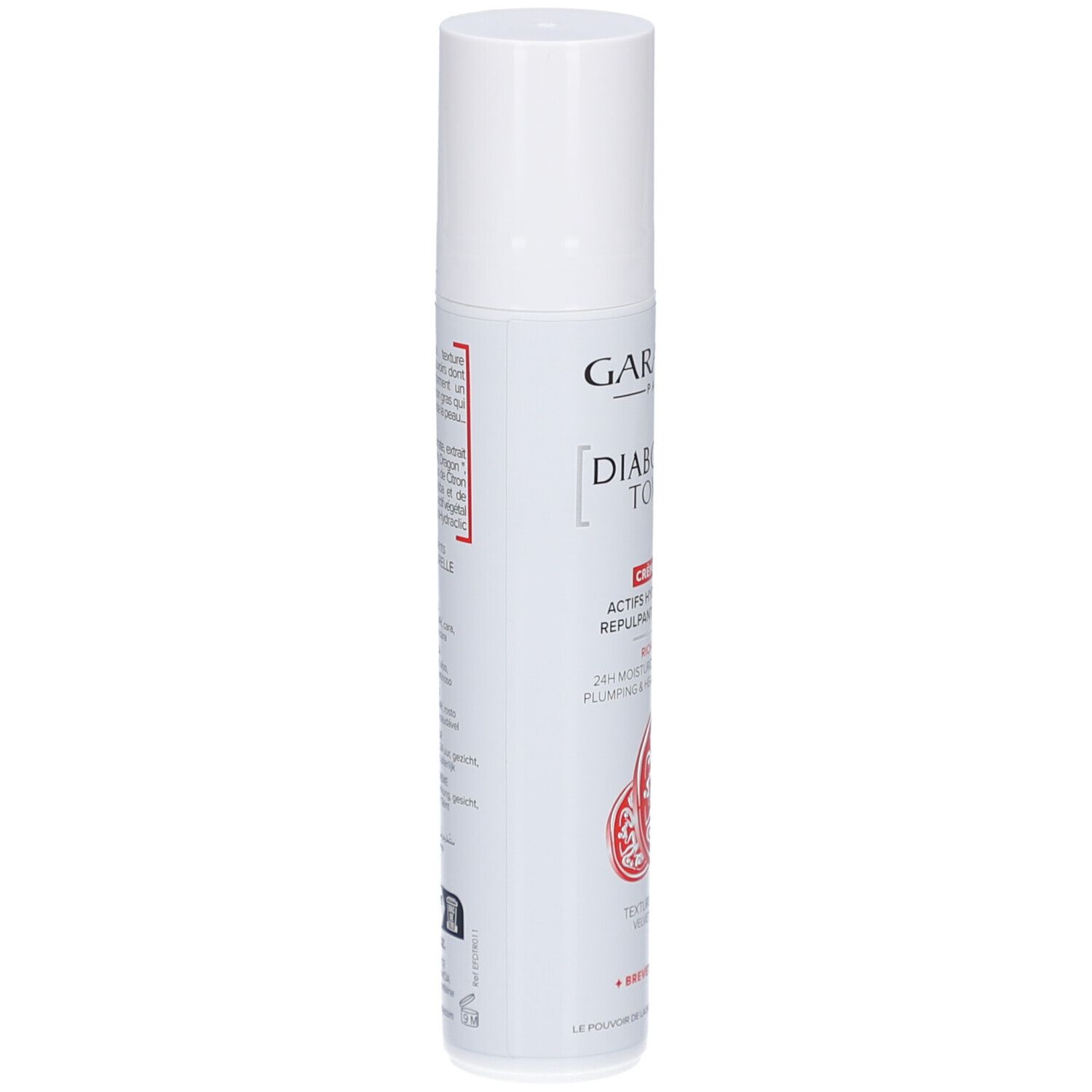 Tube blanc GARANCIA Diabolique Tomate Crème Riche. Texte et illustrations. Bouchon blanc.