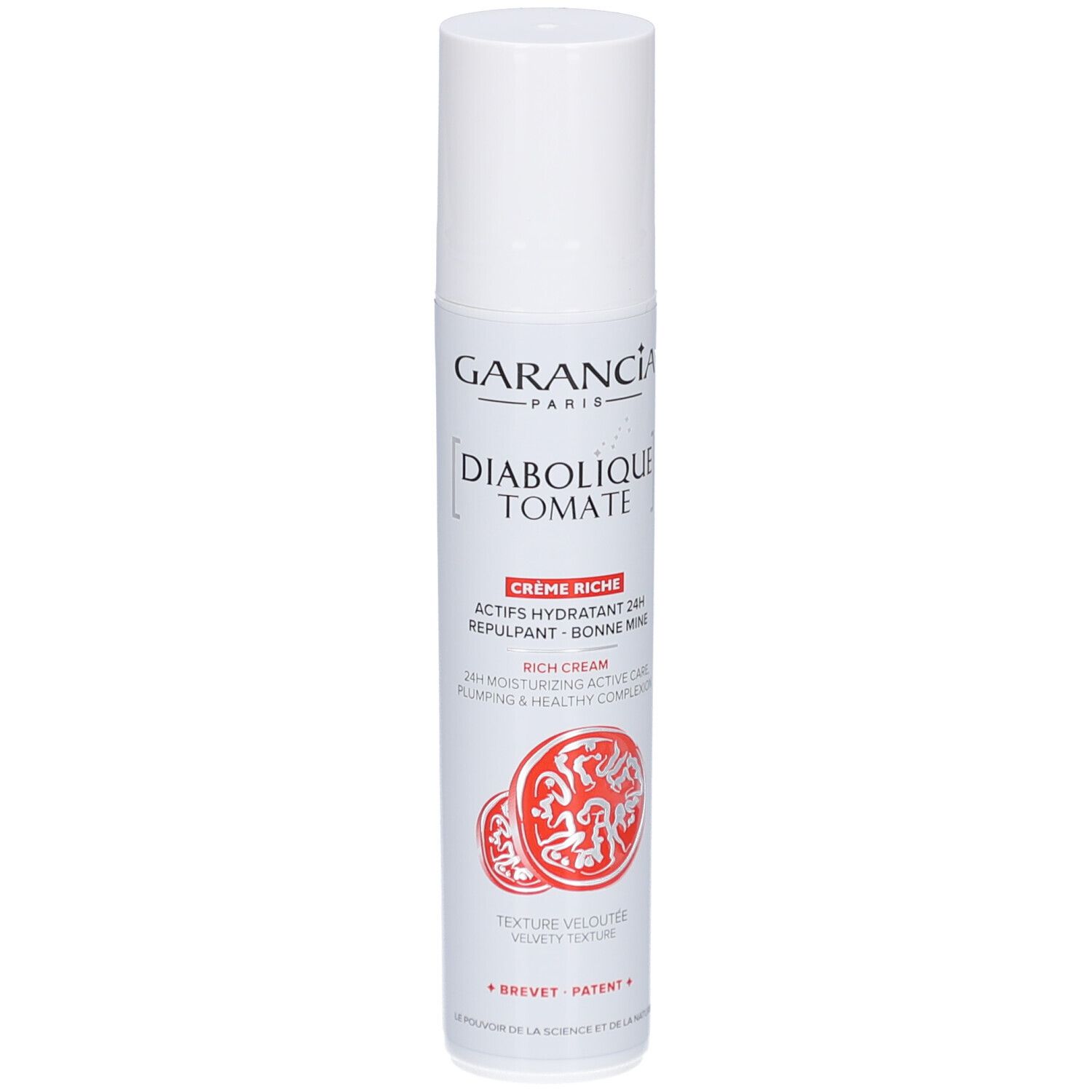 Tube blanc GARANCIA Diabolique Tomate Crème Riche. Illustration de tomate rouge. Bouchon blanc.