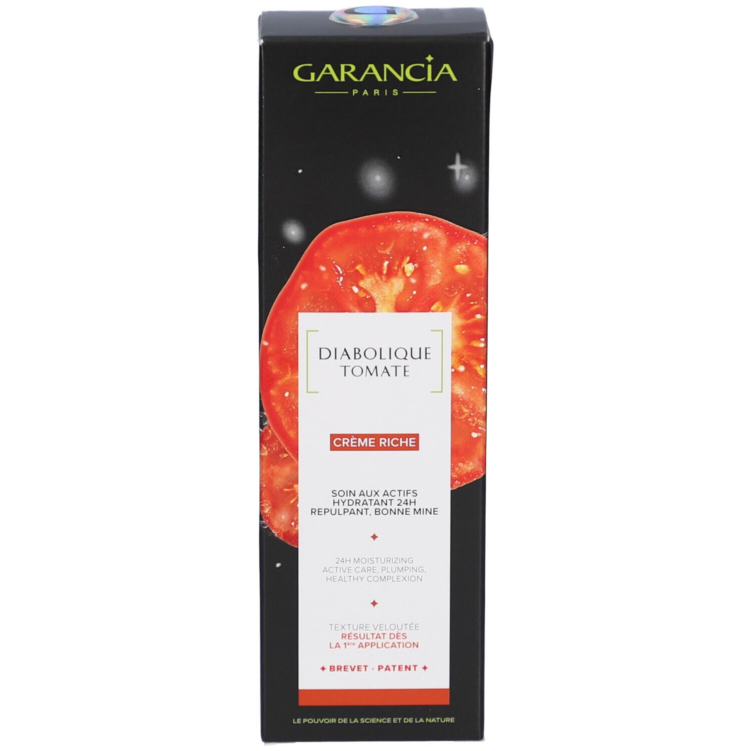 Boîte noire GARANCIA Diabolique Tomate Crème Riche. Illustration de tomate rouge.