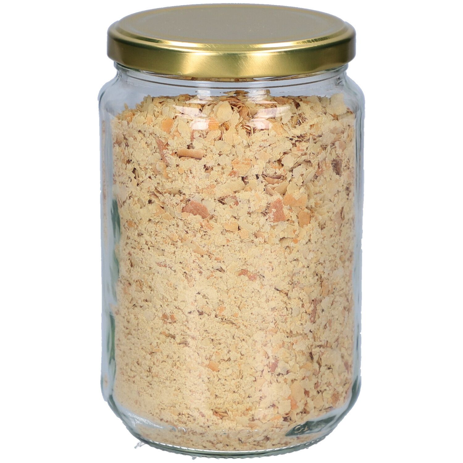 Pot de levure de bière. Couvercle doré. Étiquette avec informations sur le produit. Marque hima la vie.