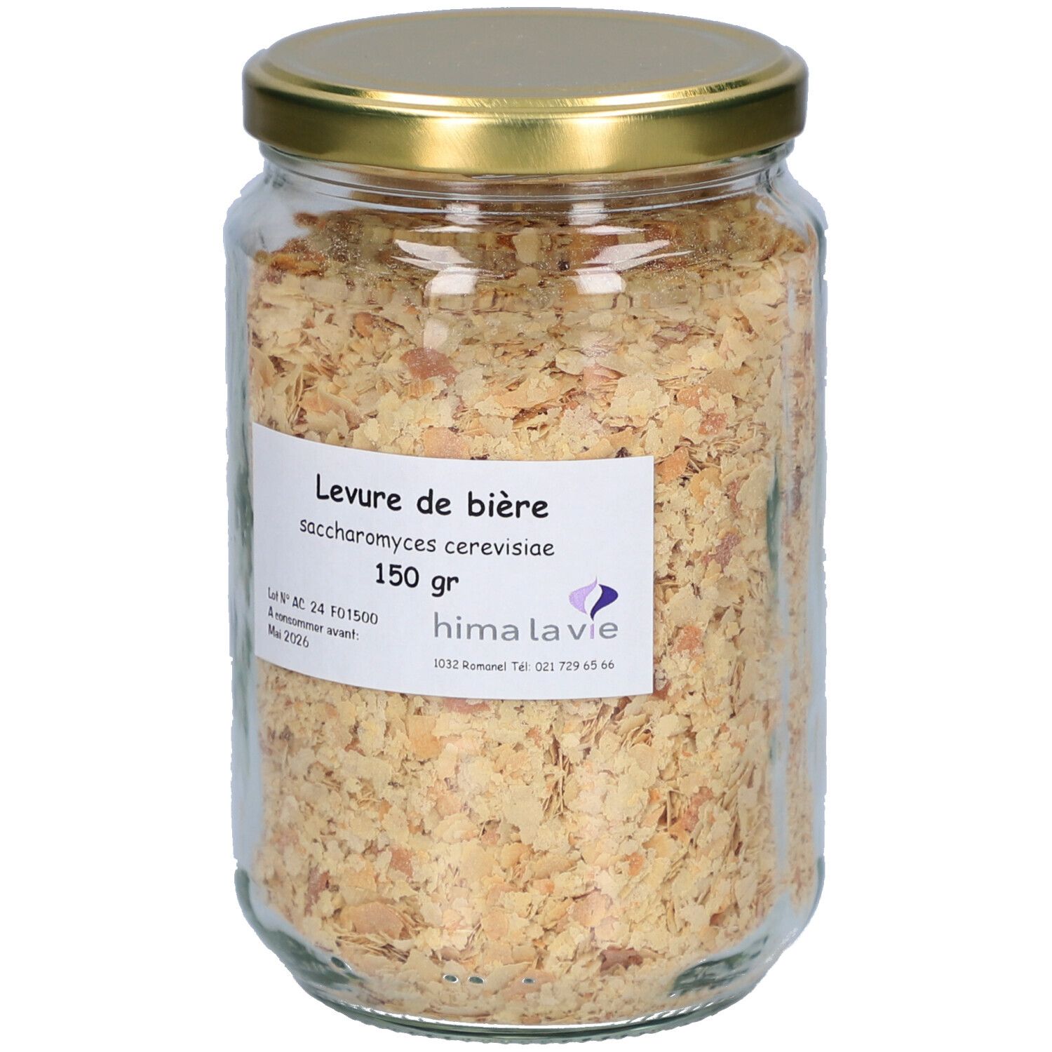 Pot de levure de bière, 150 g. Étiquette avec nom du produit, ingrédients et marque hima la vie. Couvercle doré.