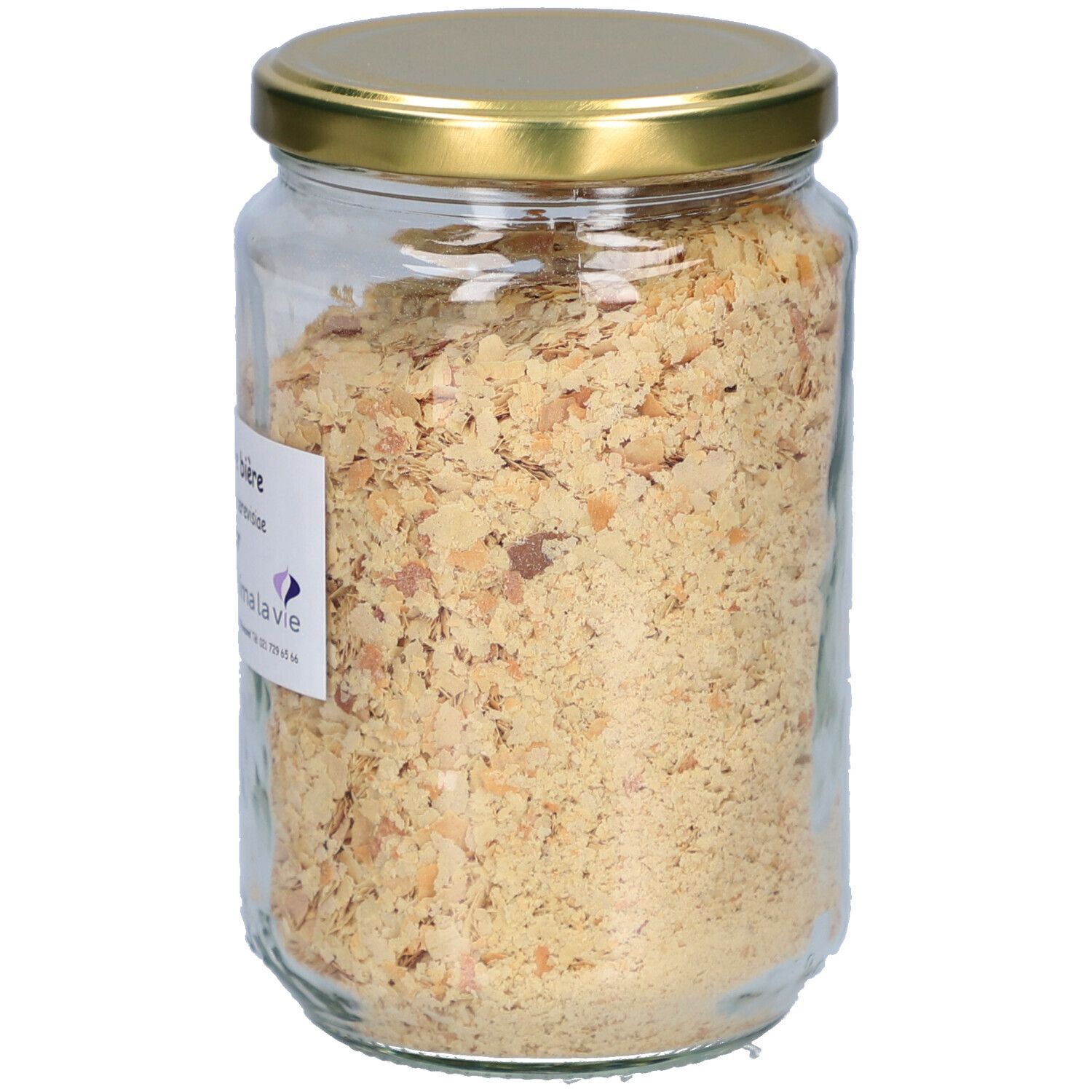 Pot de levure de bière. Couvercle doré. Étiquette avec informations sur le produit. Marque hima la vie.