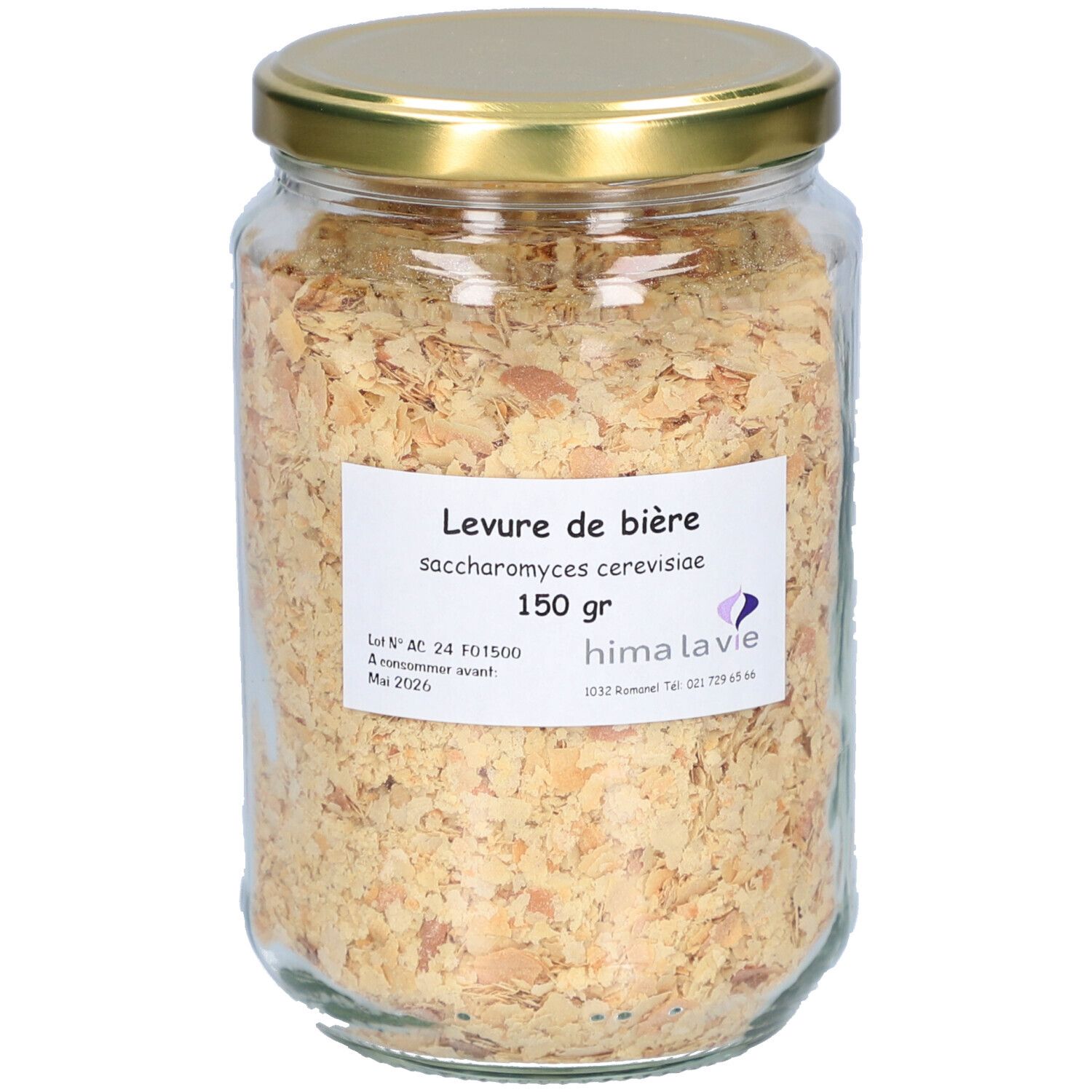 Pot de levure de bière, 150 g. Étiquette avec nom du produit, ingrédients et marque hima la vie. Couvercle doré.