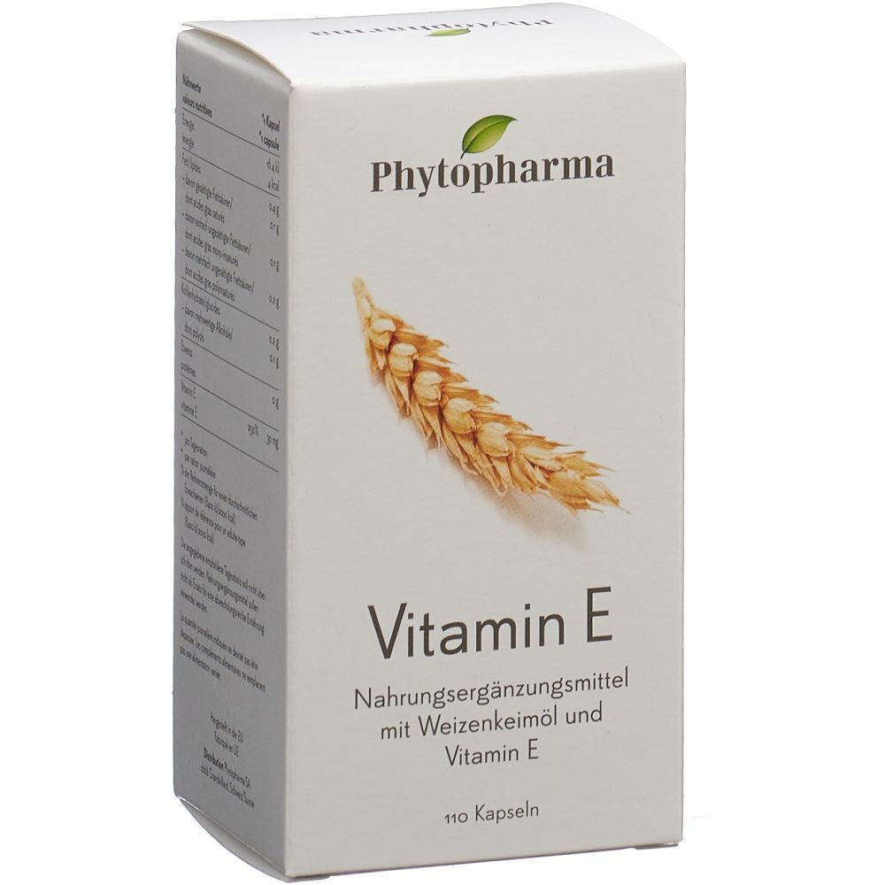 Boîte blanche avec "Phytopharma" et "Vitamine E". Illustration d'un épi de blé. Texte : Complément alimentaire avec huile de germe de blé et vitamine E.