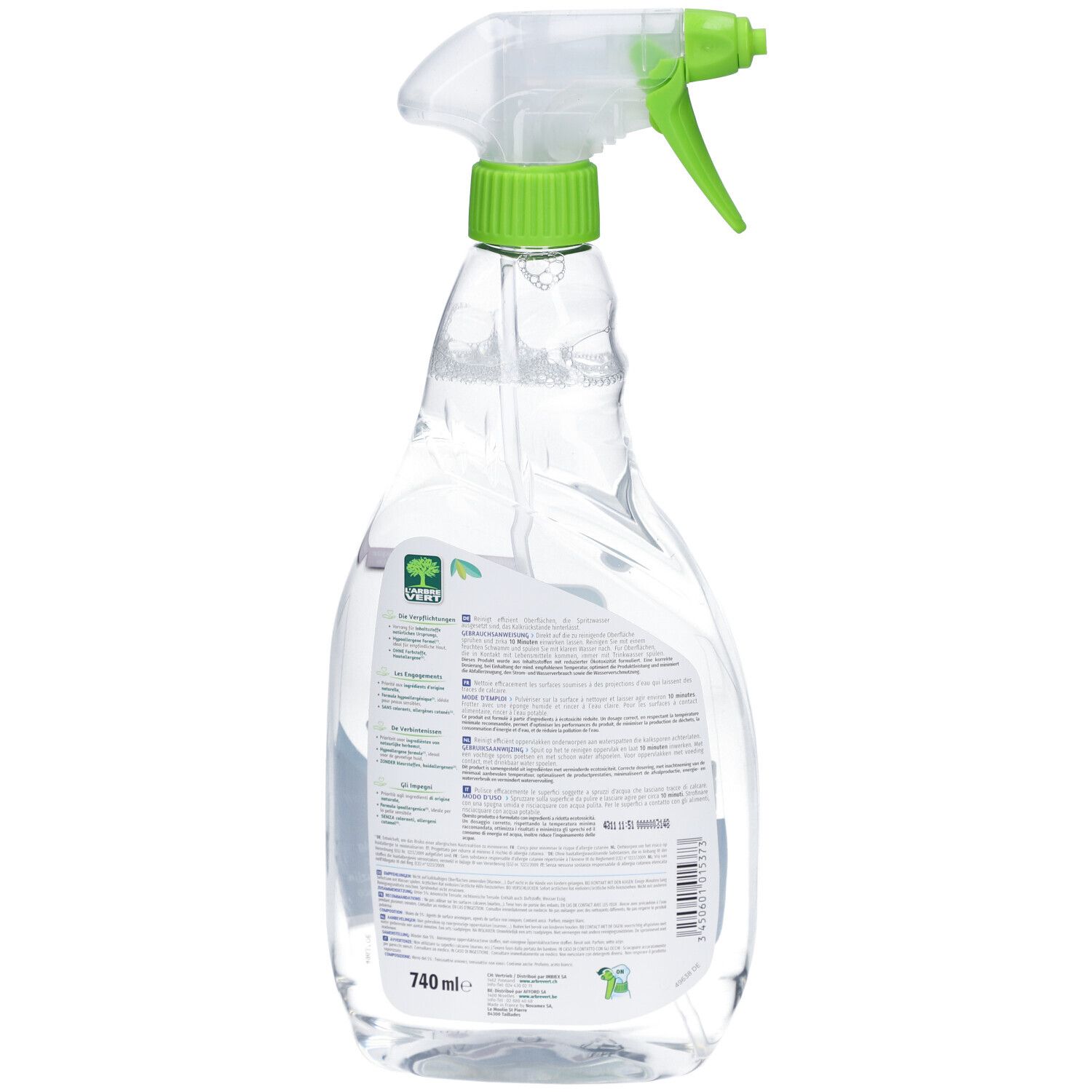Vue arrière du flacon pulvérisateur. Nettoyant salle de bains L'ARBRE VERT. Étiquette avec texte et logo. Volume: 740 ml.