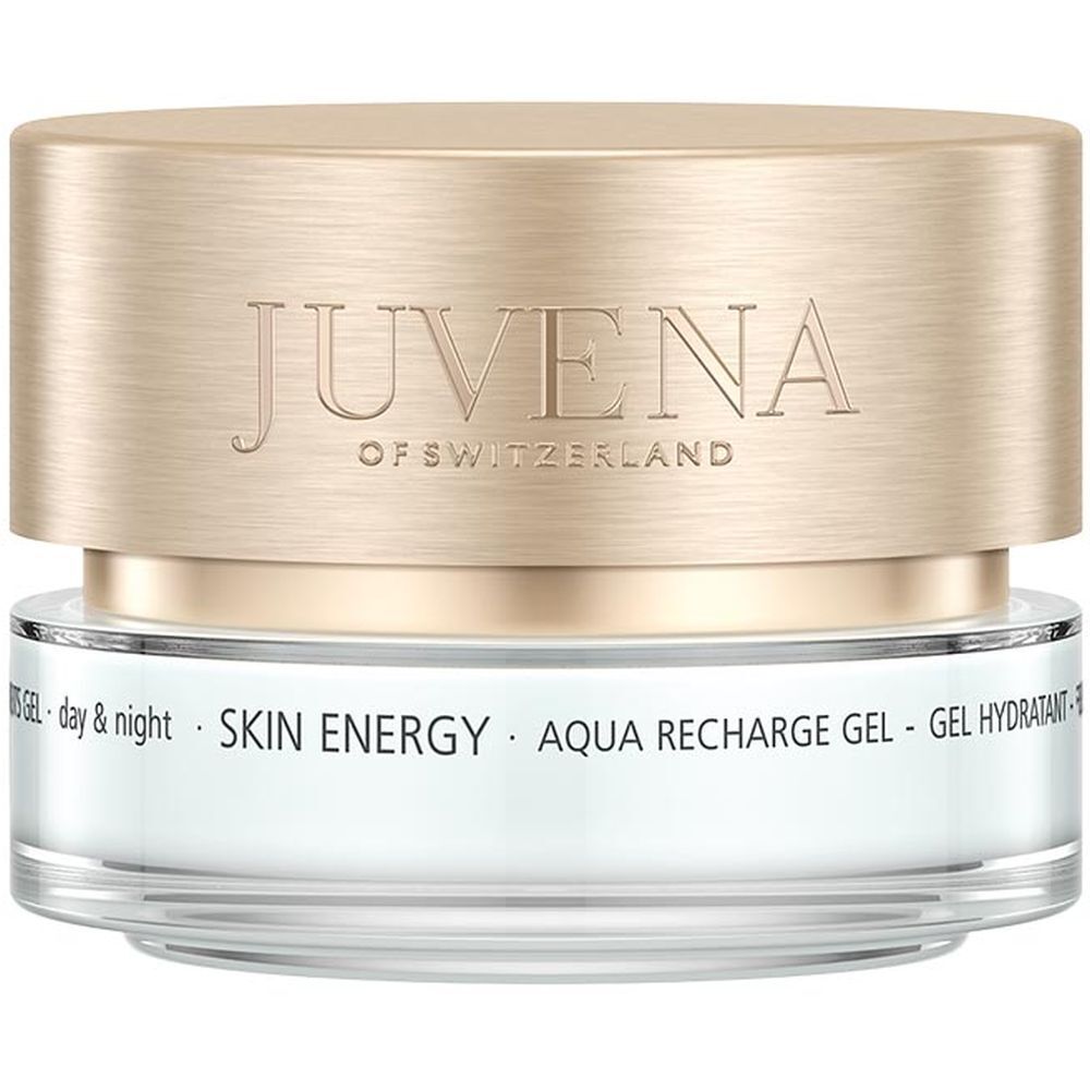 Pot de crème avec couvercle doré. Inscription: JUVENA OF SWITZERLAND. Texte: SKIN ENERGY AQUA RECHARGE GEL.
