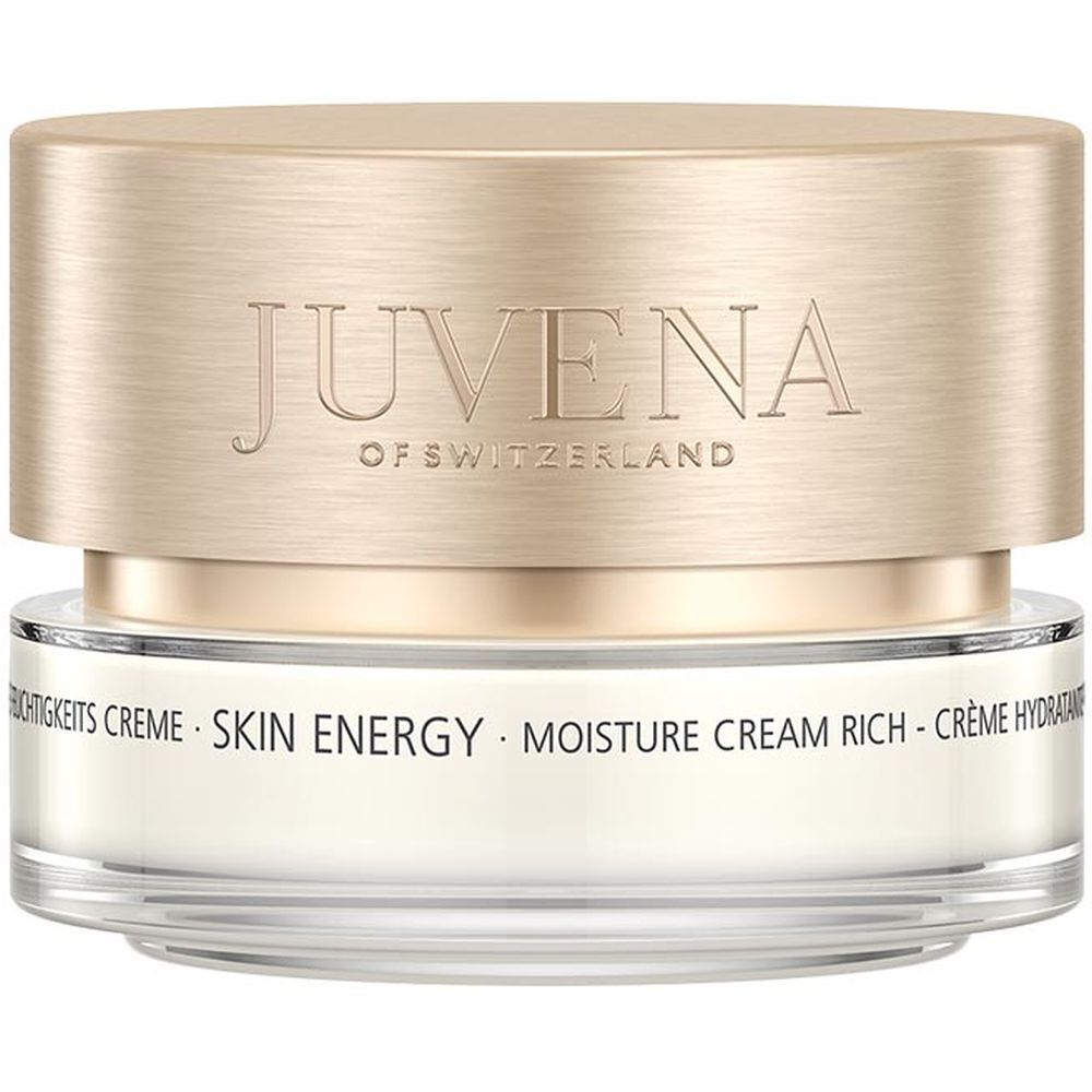 Pot de crème avec couvercle doré. Inscription : Juvena of Switzerland, Skin Energy, Moisture Cream Rich.