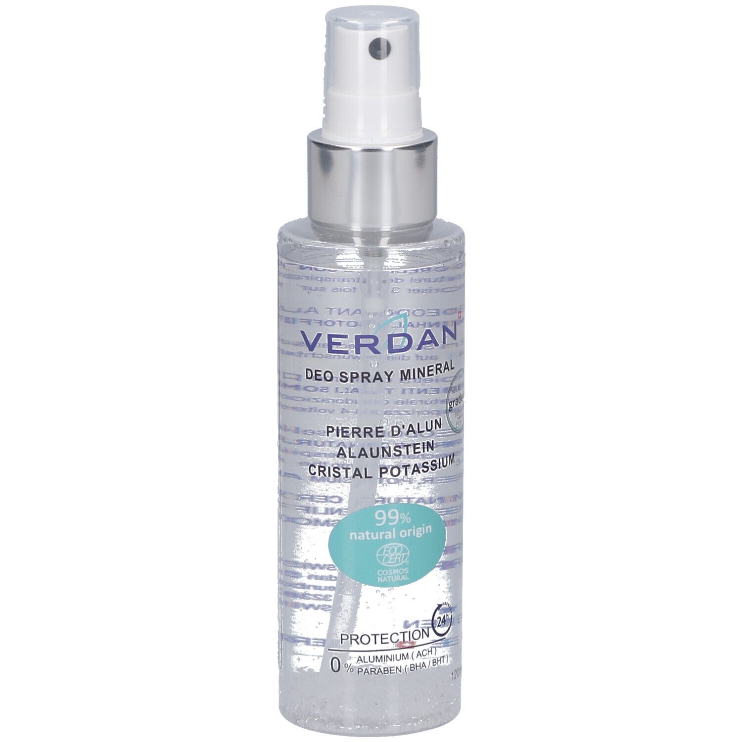 Spray déodorant avec tête de pulvérisation. Inscription : VERDAN, DEO SPRAY MINERAL, PIERRE D'ALUN, CRISTAL POTASSIUM. 99% origine naturelle. Label Ecocert.
